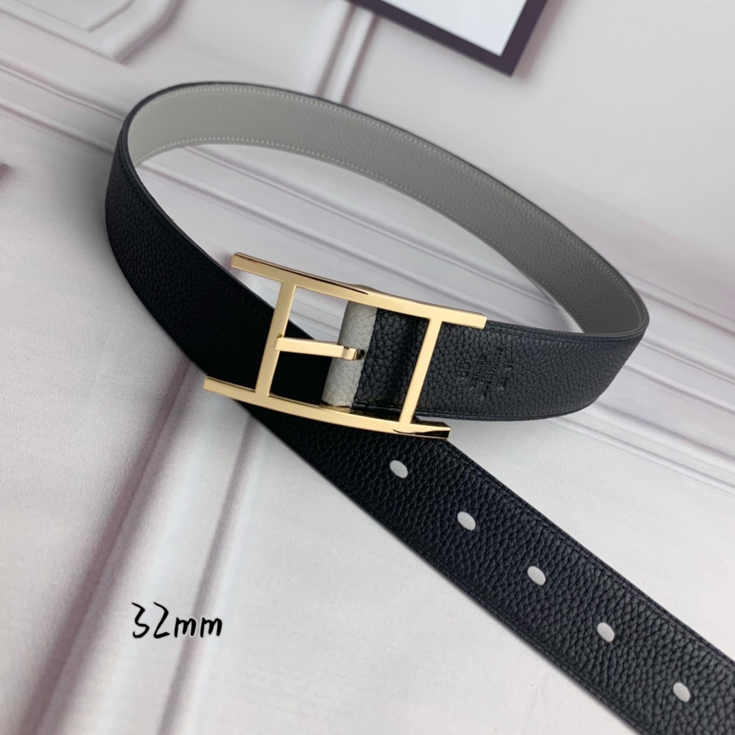 Hermès 爱马仕针扣皮带 原单品质 双面荔枝纹 黑+灰 32mm宽 双面可用 配官网H亮金扣