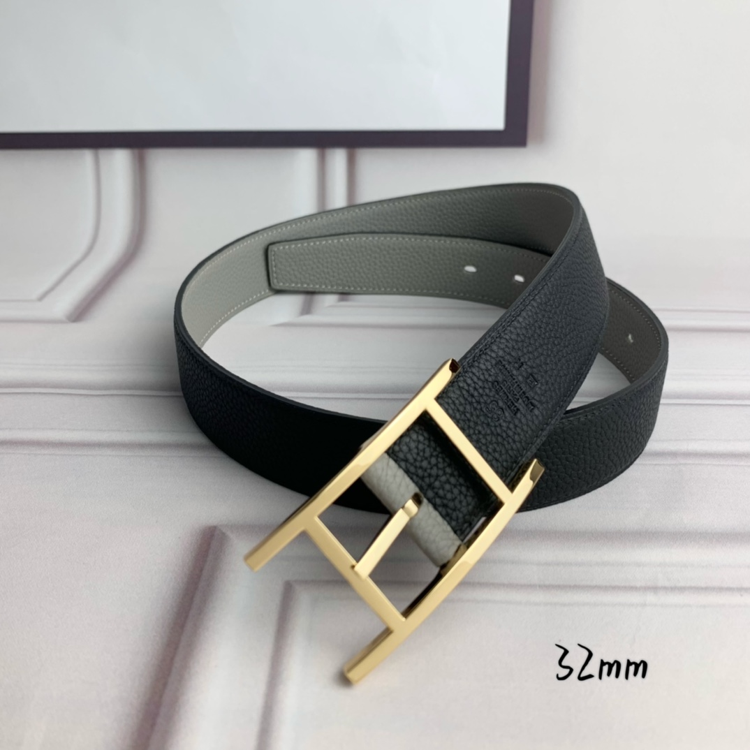 Hermès 爱马仕针扣皮带 原单品质 双面荔枝纹 黑+灰 32mm宽 双面可用 配官网H亮金扣