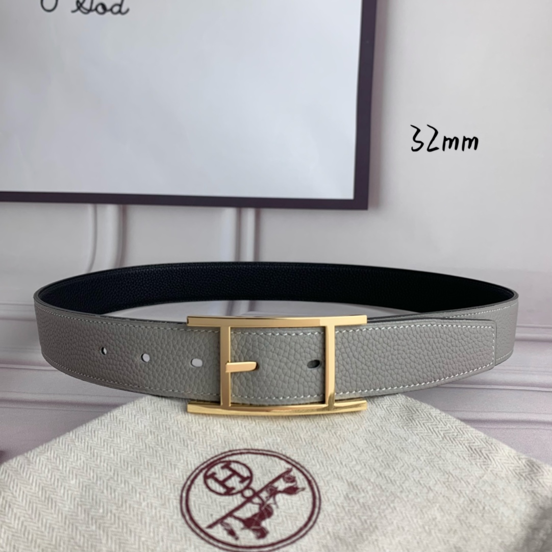 Hermès 爱马仕针扣皮带 原单品质 双面荔枝纹 黑+灰 32mm宽 双面可用 配官网H亮金扣