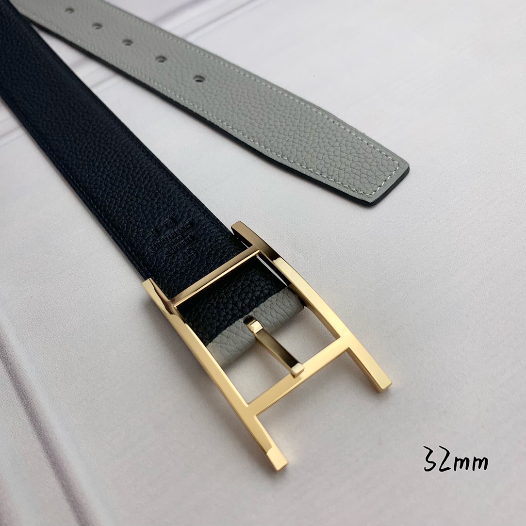 Hermès 爱马仕针扣皮带 原单品质 双面荔枝纹 黑+灰 32mm宽 双面可用 配官网H亮金扣