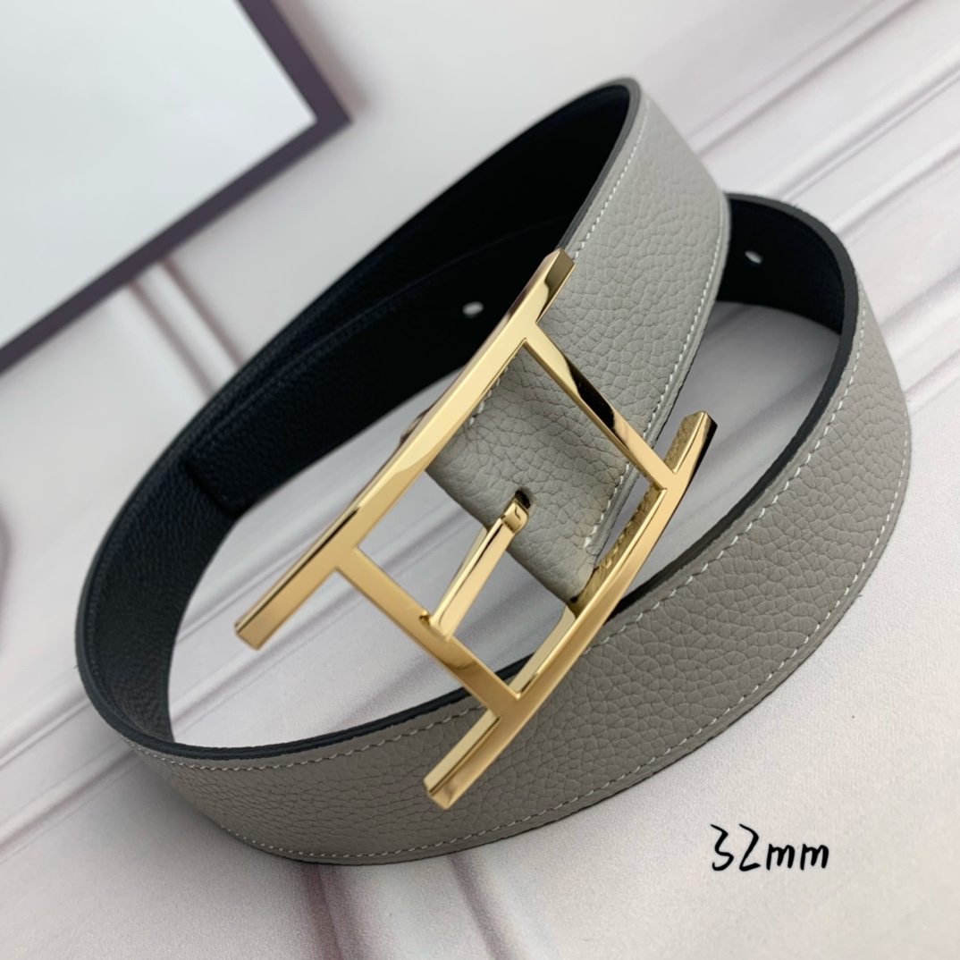 Hermès 爱马仕针扣皮带 原单品质 双面荔枝纹 黑+灰 32mm宽 双面可用 配官网H亮金扣