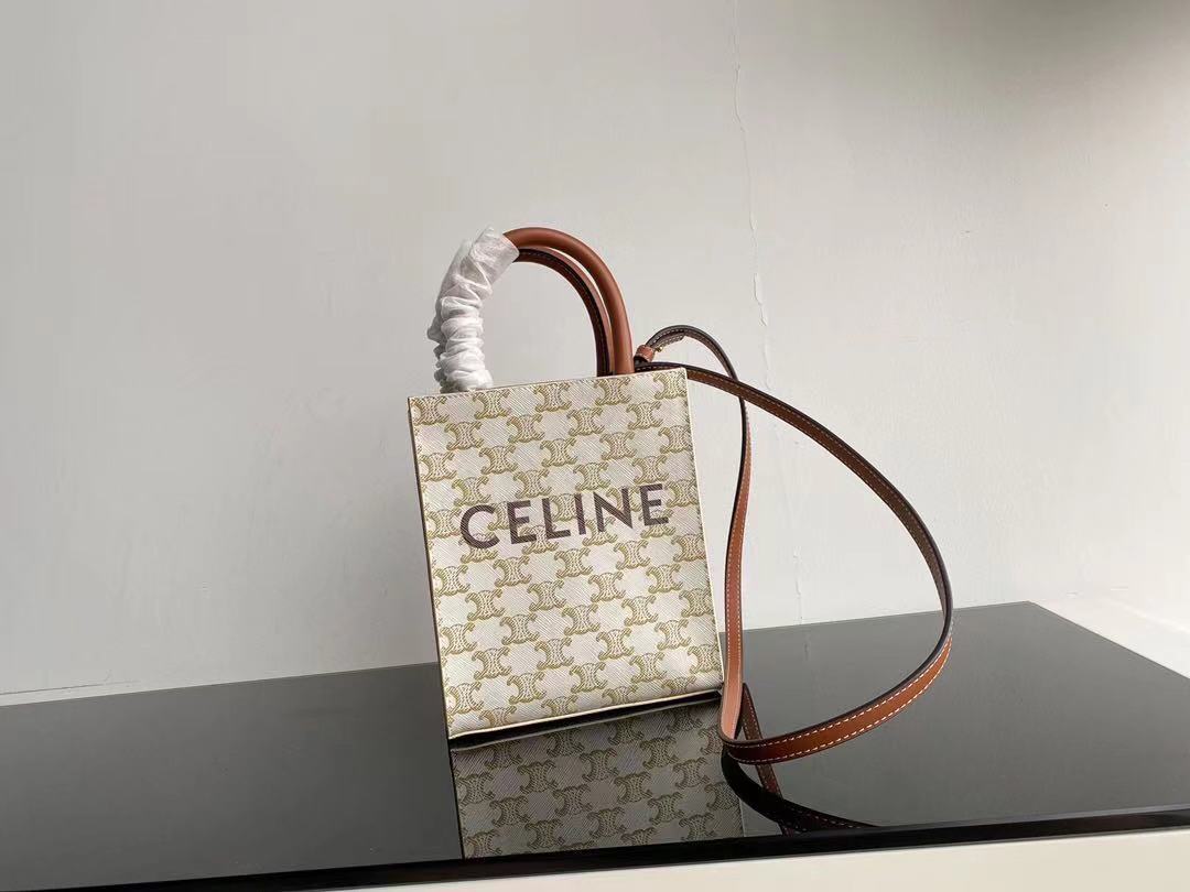 Top-quality original leather Celine CABAS TRIOMPHE white flower ~ Tote white flower fabric MiNi vertical handbag, inside pocket, adjustable and d