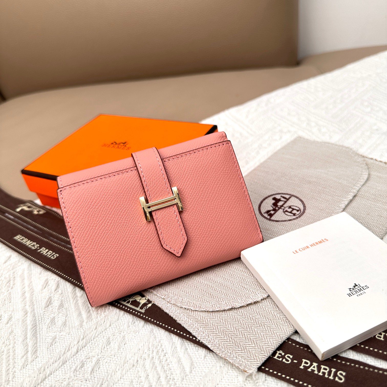 Hermes Togo Leather Gold Buckle Tri-Fold Wallet - Chic & Compact