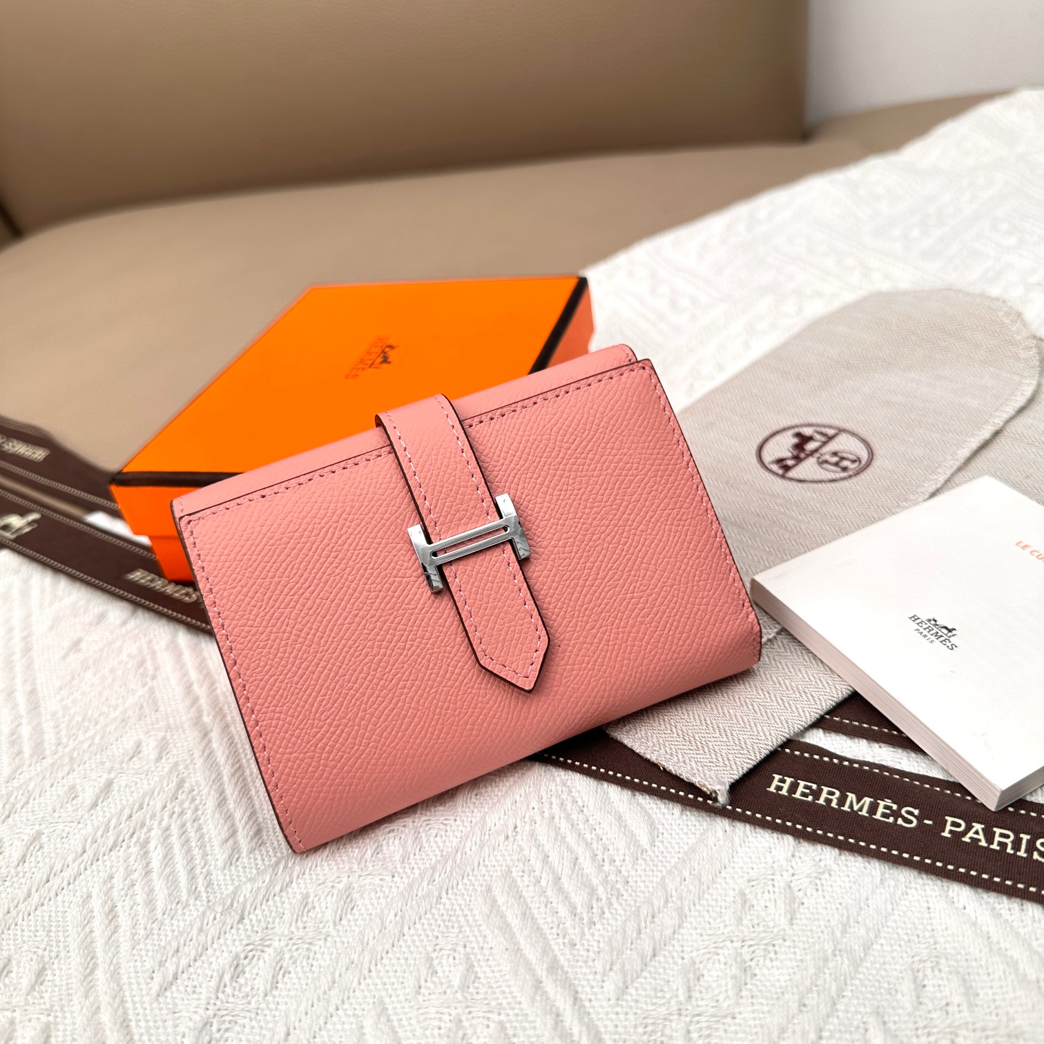 Hermes Togo Leather Tri-Fold Wallet with Silver Buckle - Pink