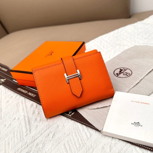 Hermes Togo Leather Tri-Fold Wallet with Silver Hardware - Orange 1 Hermes Togo Leather Tri-Fold Wallet with Silver Hardware - Orange
