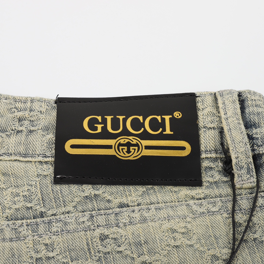 Gucci/古驰 经典满印LOGO水洗牛仔短裤