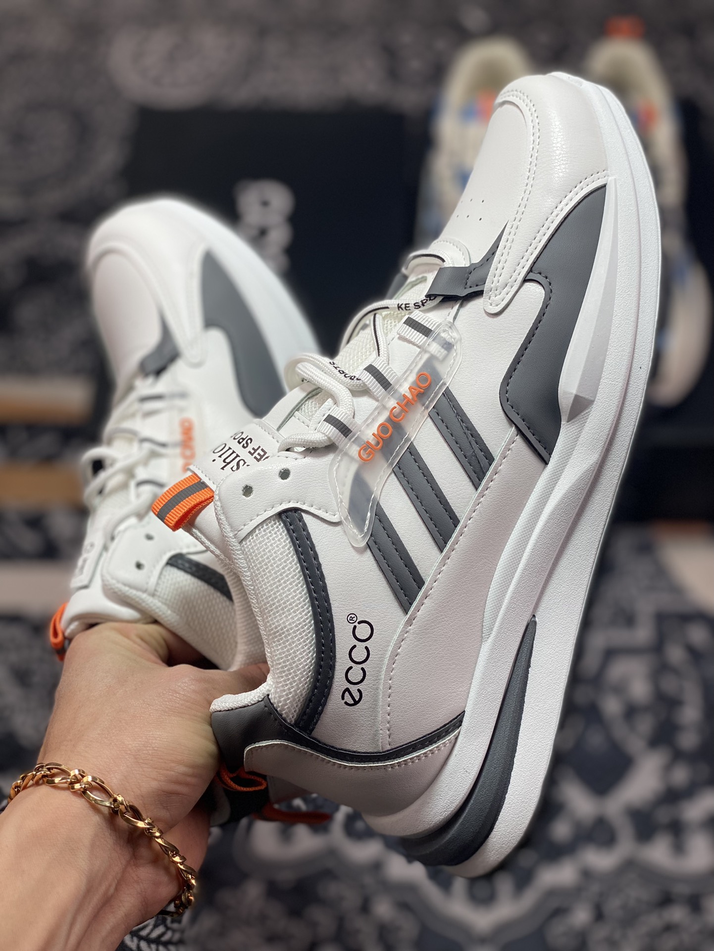 ECCO Men's Classic Guo Chao Lace National Fashion Series Sports Series Low-top Jogging Shoes ”Dark Gray White Orange” 093304 53077