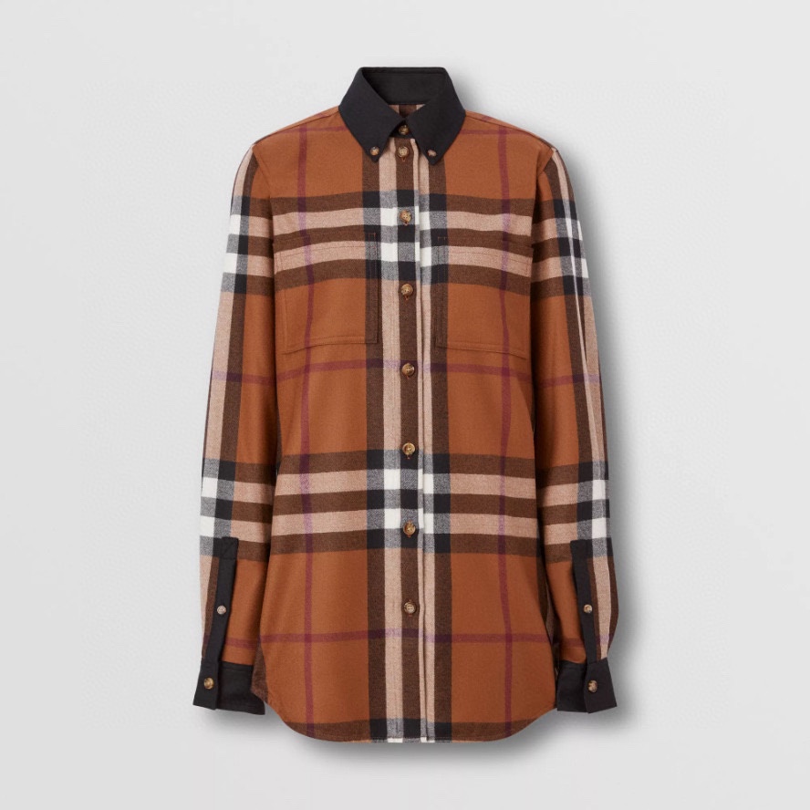 NO:318026,Contrast trim large plaid wool shirt (dark birch brown), shirts, alexander wang19860909对比感饰边大号格纹羊毛衬衫（深桦木棕）,,shirts,alexander wang,Women's clothing