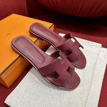 Designer 7 Star Replica
 Hermes Shoes Slippers Burgundy Red Genuine Leather
