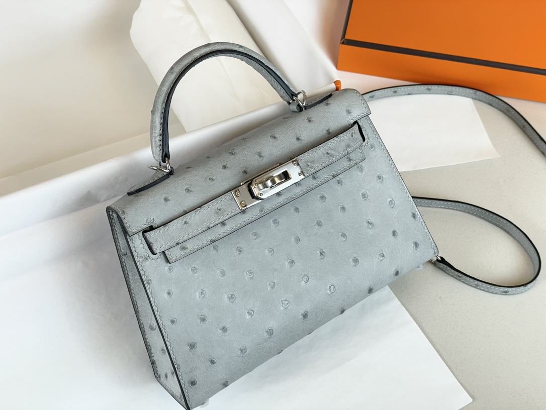 Hermes Kelly Handbags Crossbody & Shoulder Bags Blue Silver Hardware Ostrich Leather Mini