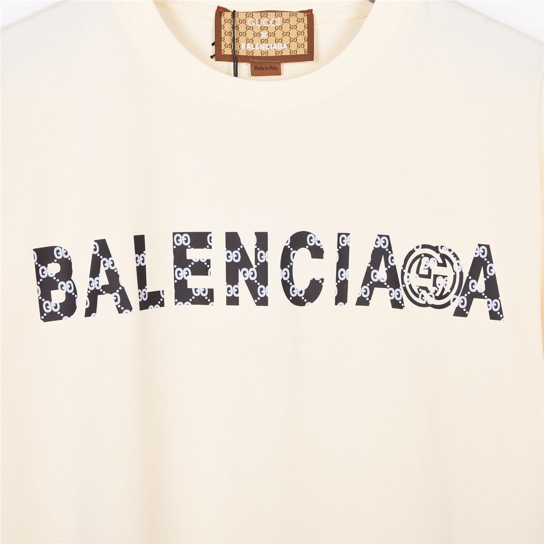 上新160 GUCCI BALENCIAGA 古驰联名巴黎世家重影字母logo印花短袖