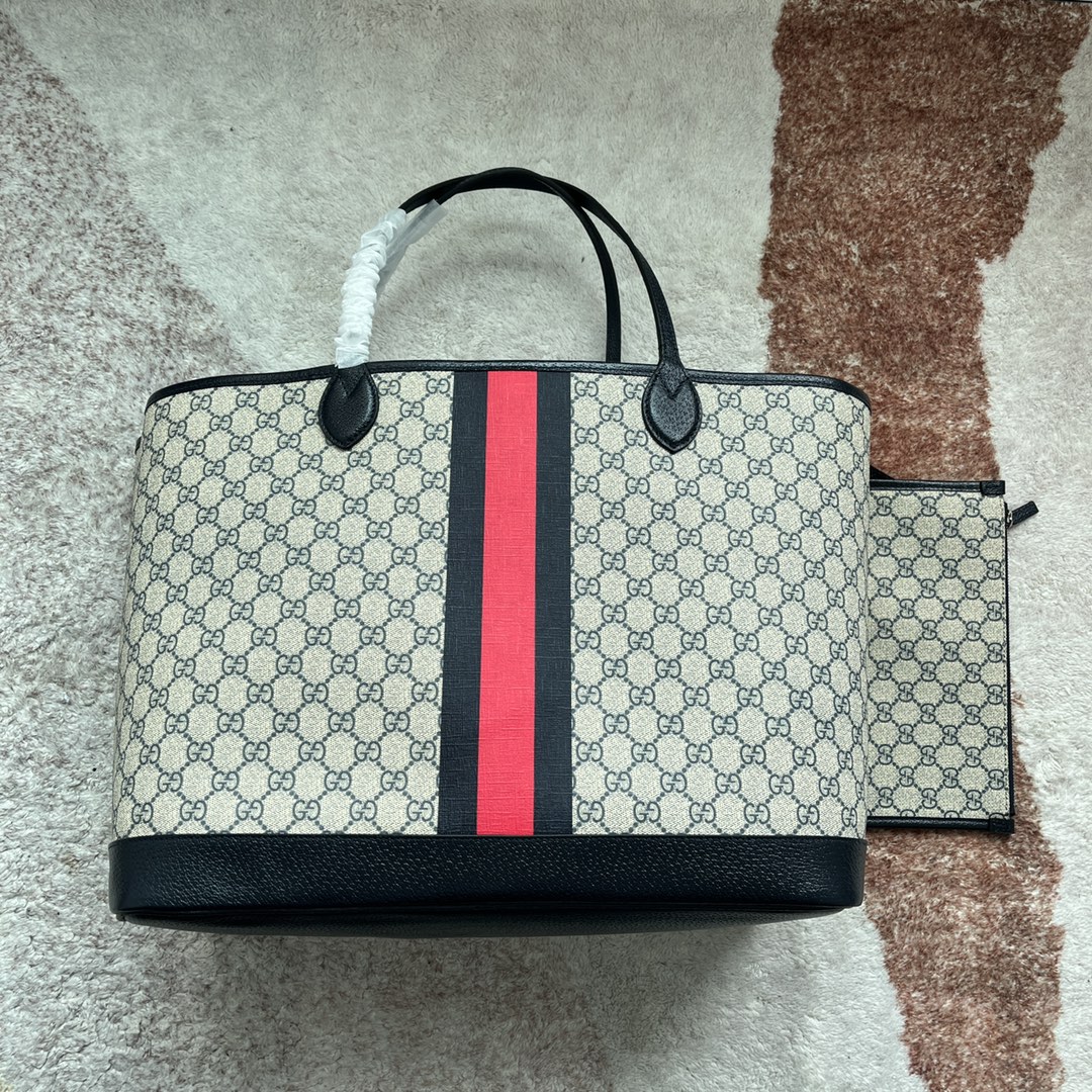 Gucci GG Supreme beige black with red-green web stripe large tote everyday