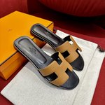 Hermes Shoes Slippers Black Yellow Genuine Leather