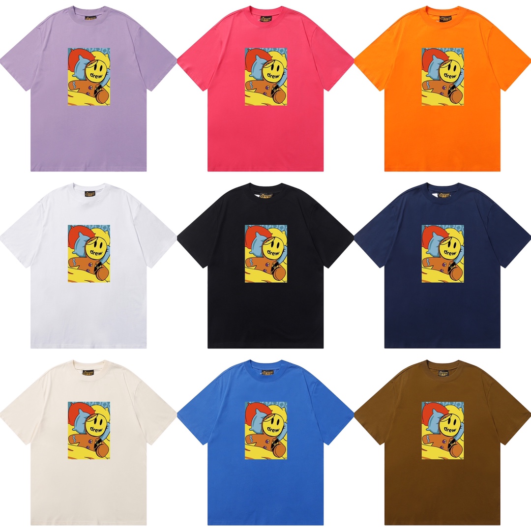 D019 9 colores 2023SS Camiseta de algodón puro de corte holgado y estilo urbano con estampado de cara sonrien…