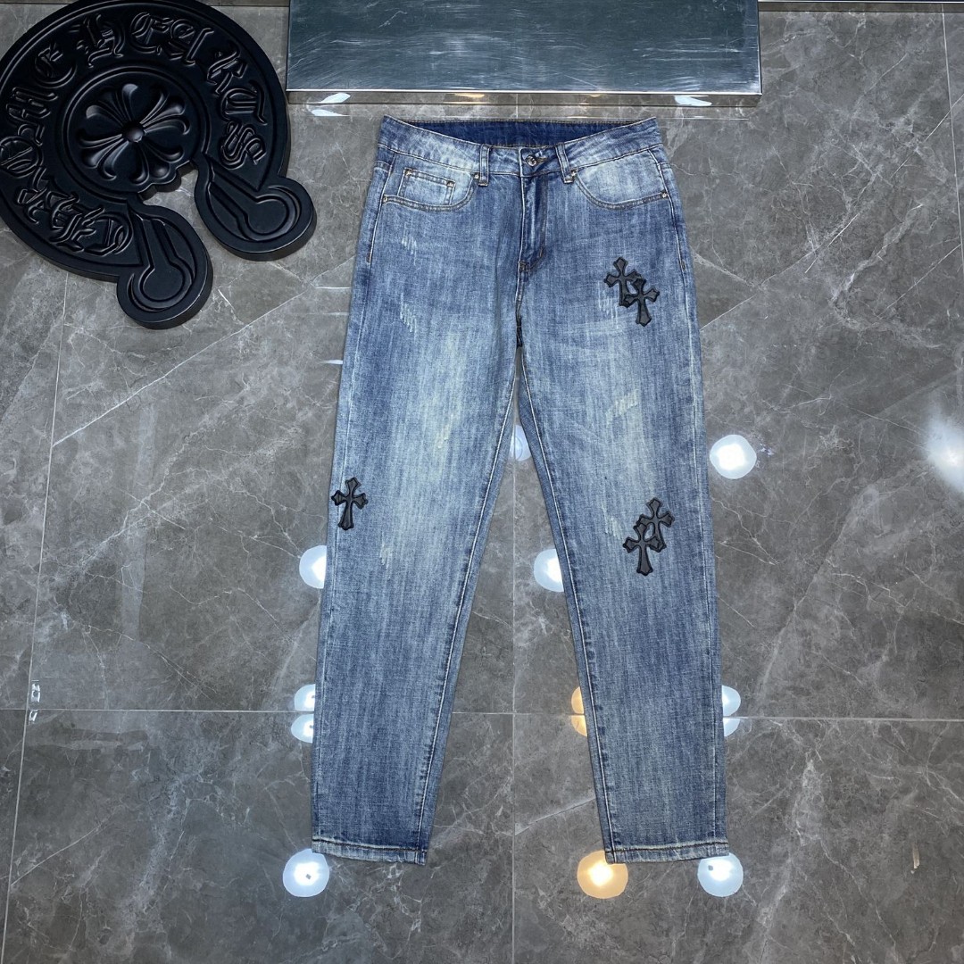 Chrome Hearts Clothing Jeans Blue Denim Embroidery Cotton