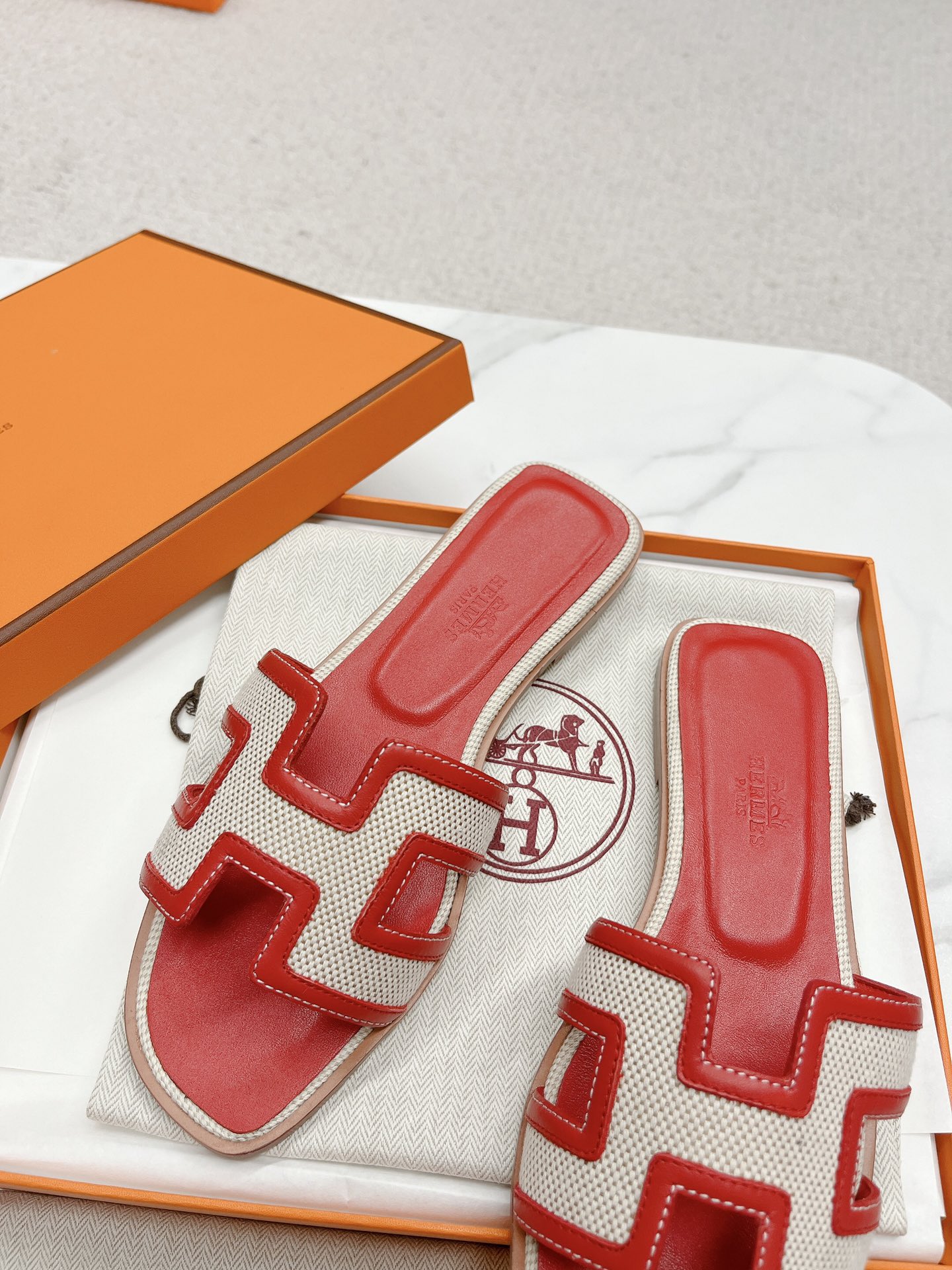 Hermes H-Shaped Sandals Women's Spring/Summer Red Leather Beach Slippers 6 i1678727023 4700 3