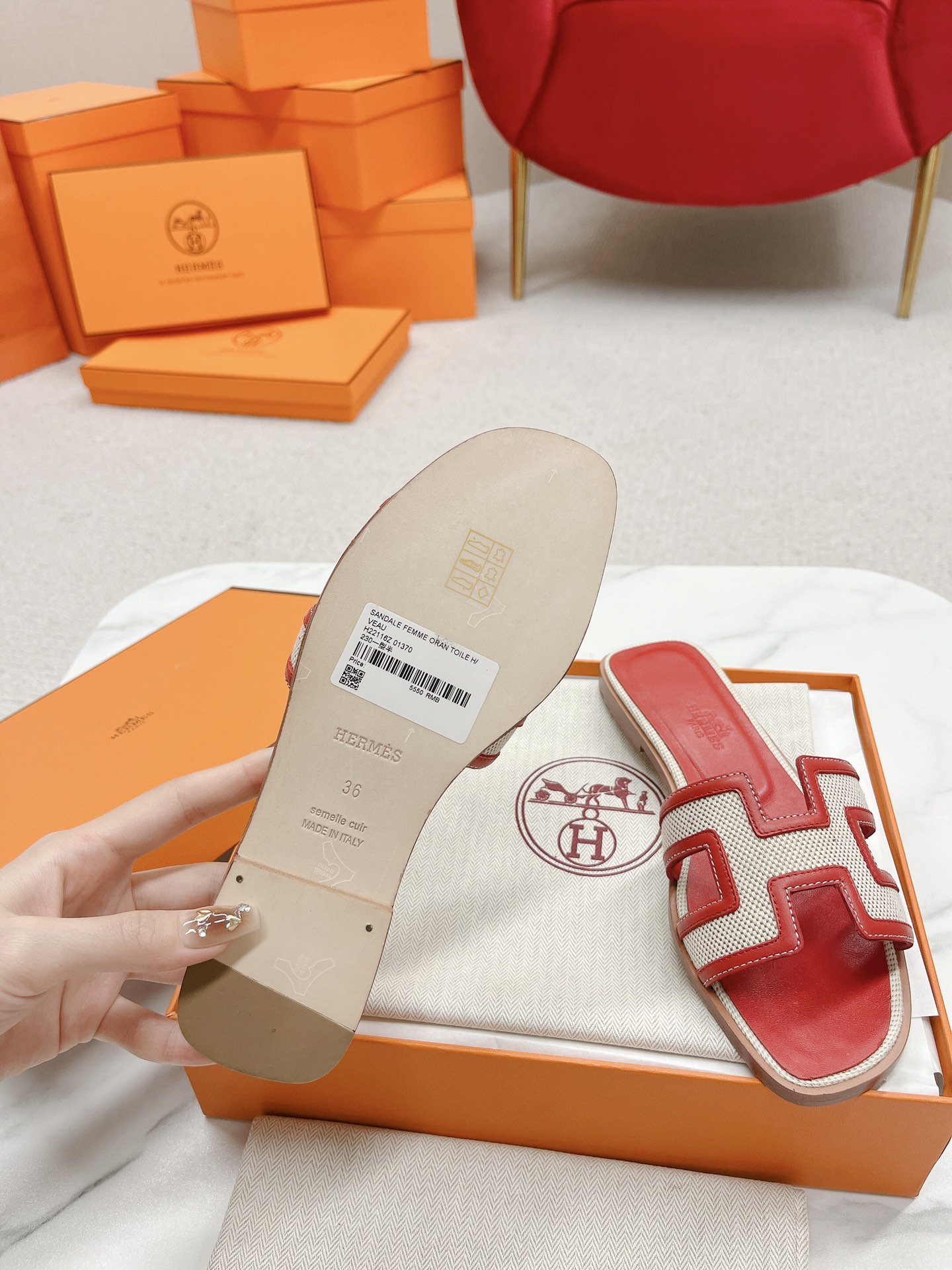 Hermes H-Shaped Sandals Women's Spring/Summer Red Leather Beach Slippers 10 i1678727023 7180 8