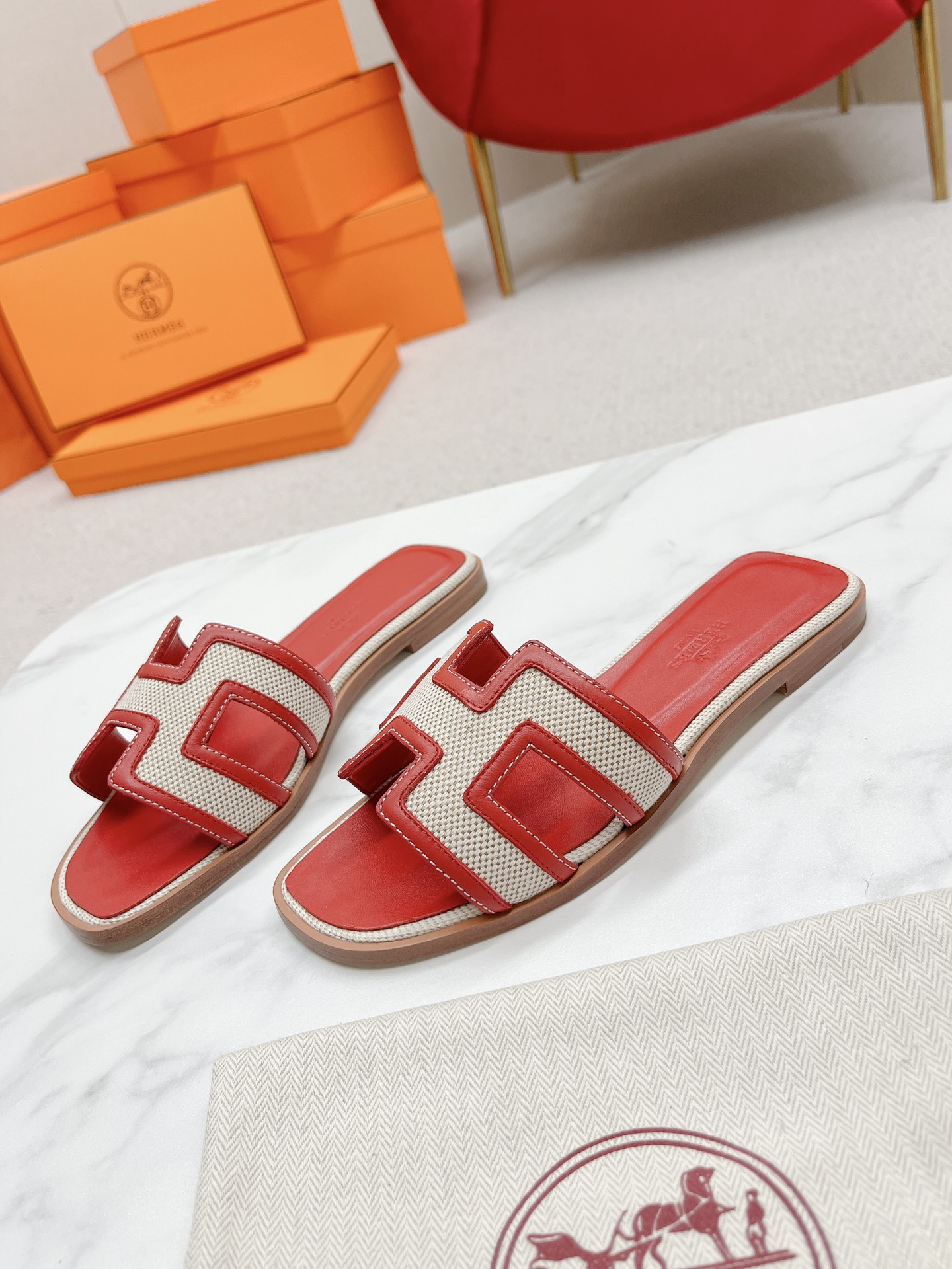 Hermes H-Shaped Sandals Women's Spring/Summer Red Leather Beach Slippers 7 i1678727023 8715 4