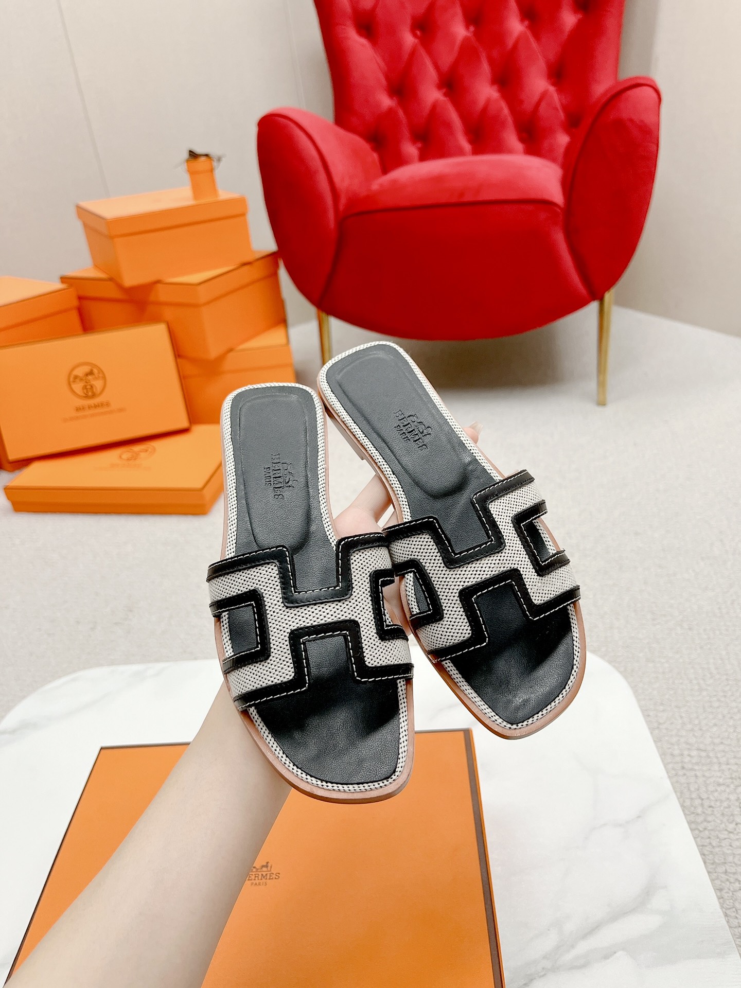 Hermes Women's H Cutout Leather Slide Sandals Handmade Summer Beach Shoes