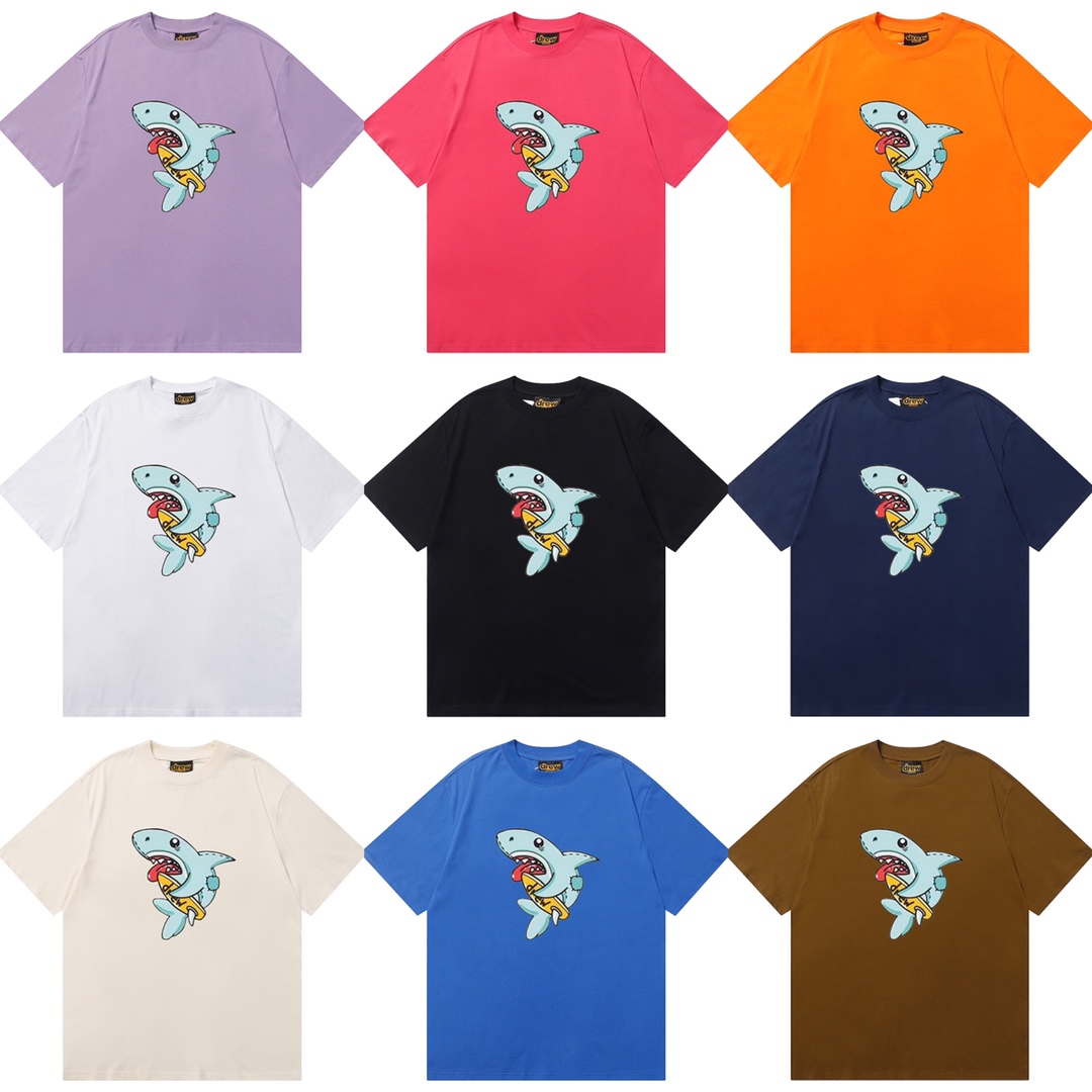 D020 9 colores 2023SS Camiseta de algodón puro de corte holgado y estilo urbano con estampado de tiburón y cara sonrien…