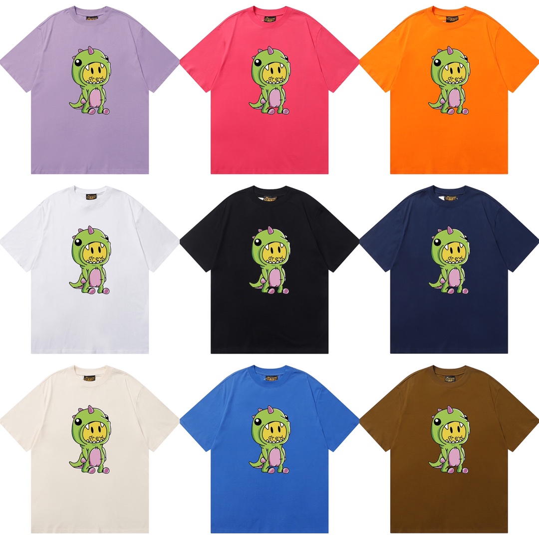 D022 9 colores 2023SS Camiseta de algodón puro de corte holgado y estilo urbano con estampado de dinosaurio y cara sonr…