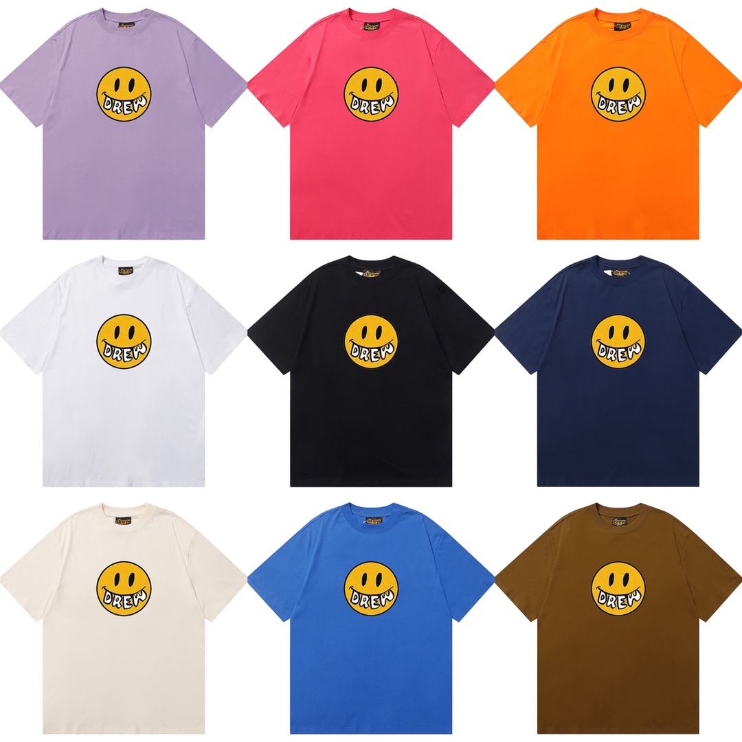 D027 9 colores 2023SS Camiseta de algodón puro de corte holgado y estilo urbano con estampado de cara sonriente drew, m…