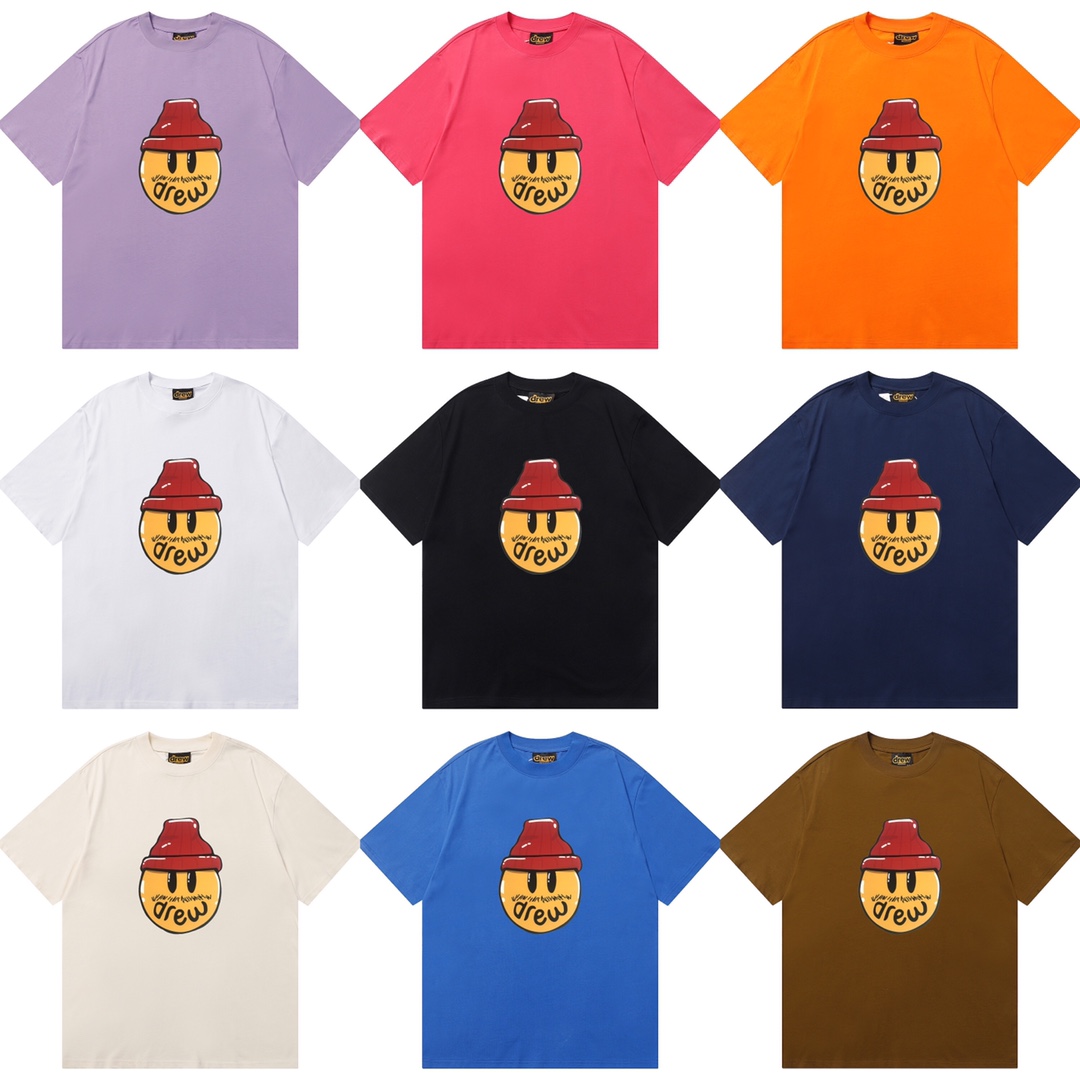D040 9 colores 2023SS Camiseta de algodón puro de corte holgado y estilo urbano con estampado de cara sonrien…