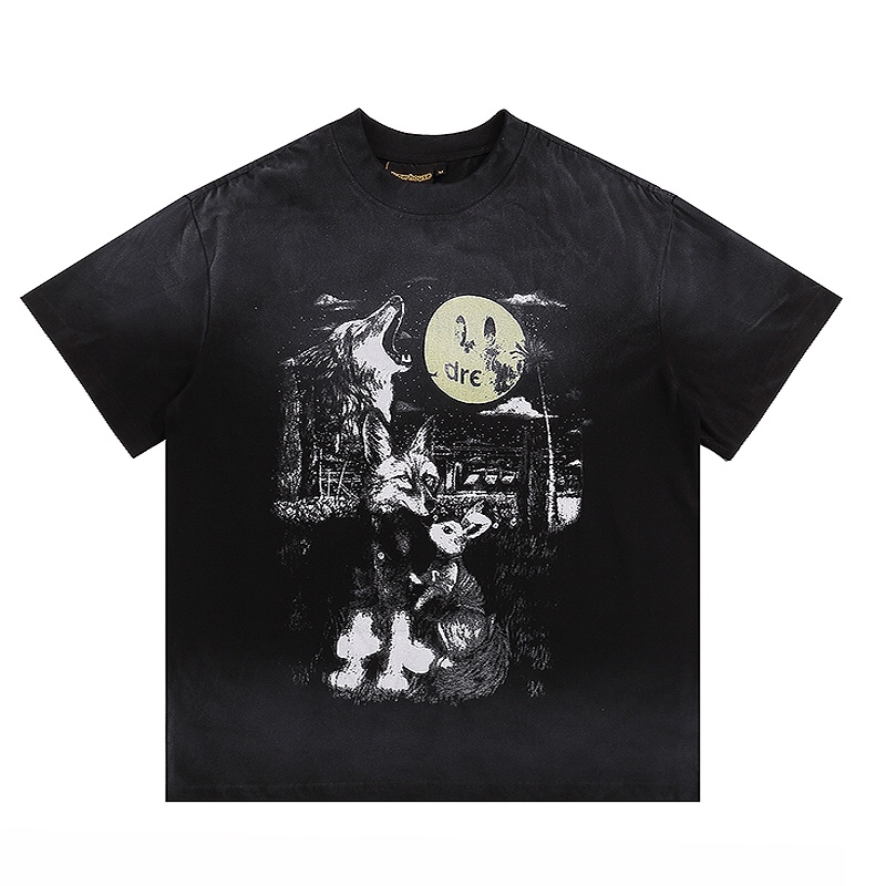 “DREW Retro-Black T-shirts in Various Sizes with Moonshine Wolf Design, 240g Pure Cotton”