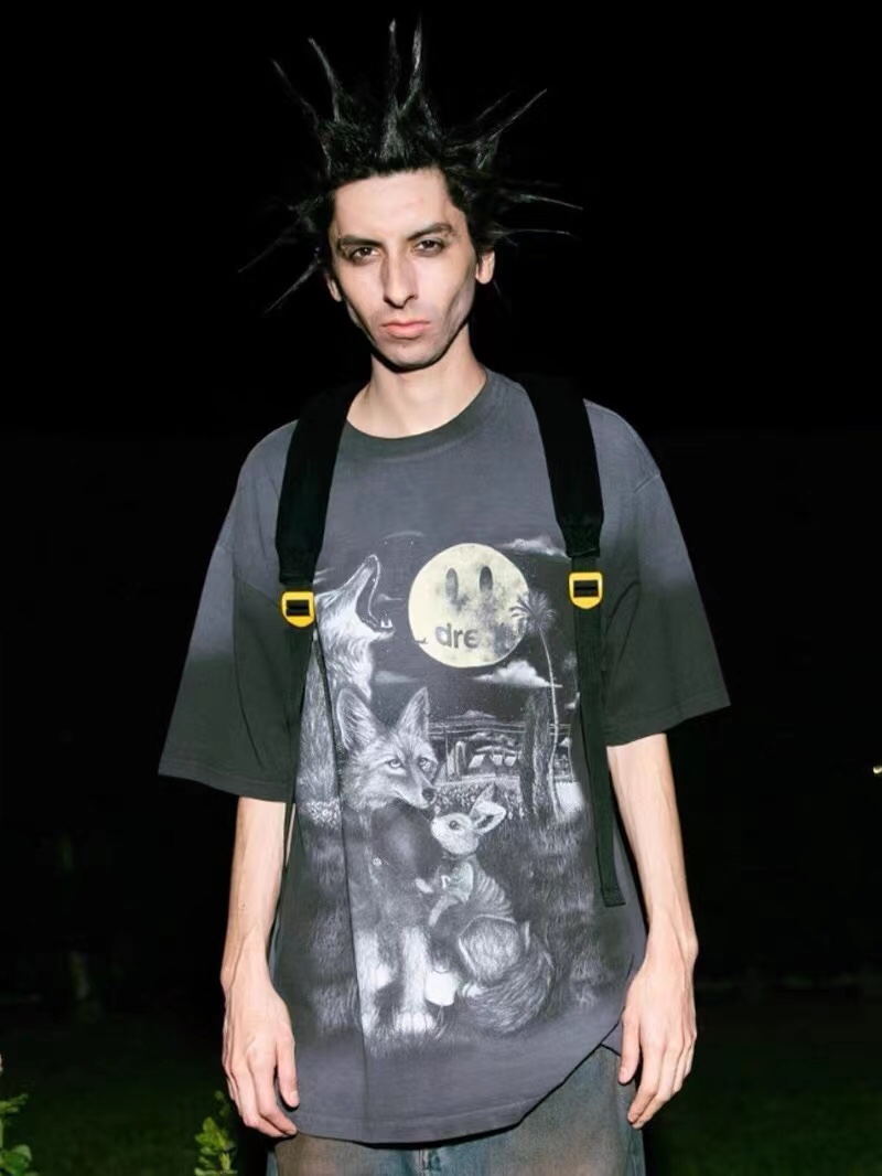 “DREW Retro-Black T-shirts in Various Sizes with Moonshine Wolf Design, 240g Pure Cotton” - 图片 9