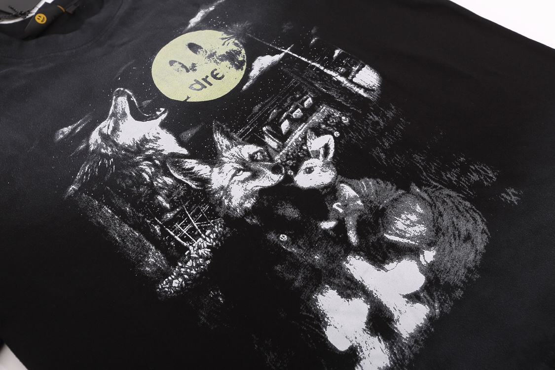“DREW Retro-Black T-shirts in Various Sizes with Moonshine Wolf Design, 240g Pure Cotton” - 图片 3