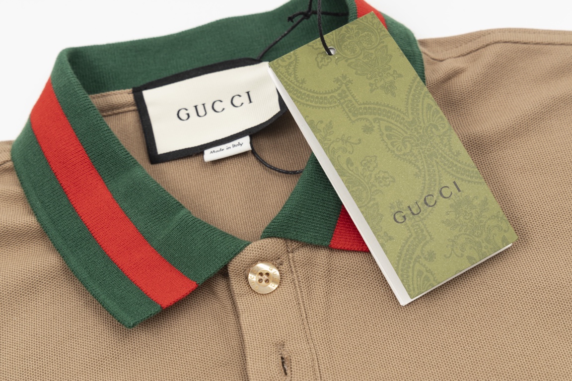 200 Gucci古奇 23SS 朱地面料260克 红绿条纹领刺绣双G短袖Polo衫