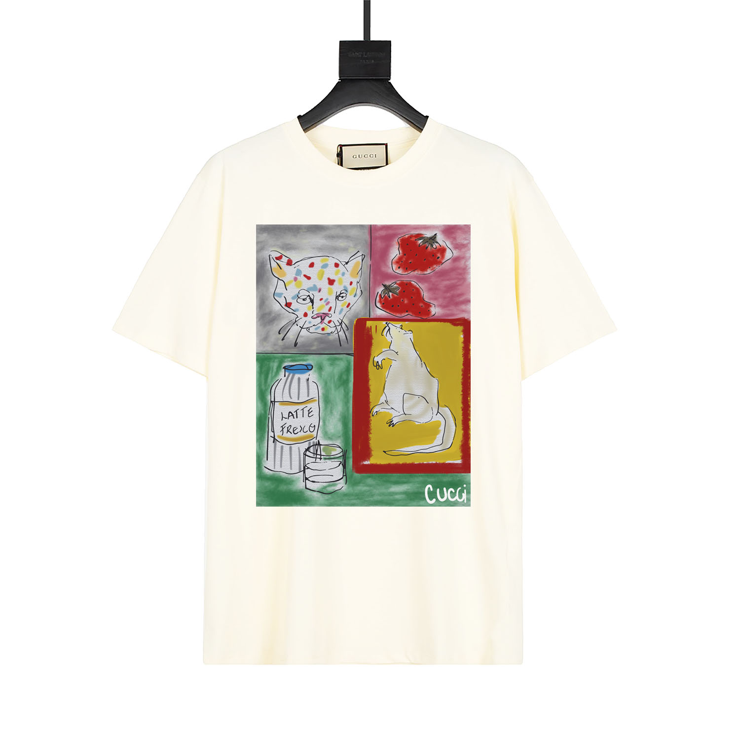 gucci 古驰 nueva camiseta de manga corta con estampado digital de fresa y ratón en cuatro cuadros, mismo estilo de la web…