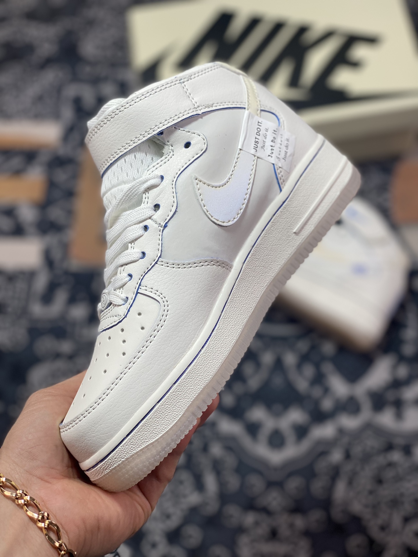 Nike Air Force 1 '07 Mid ”Sail White/Blue Mini Swoosh” Air Force 1 sneakers ”Leather Beige Royal Blue Mini Swoosh” FB1869-055