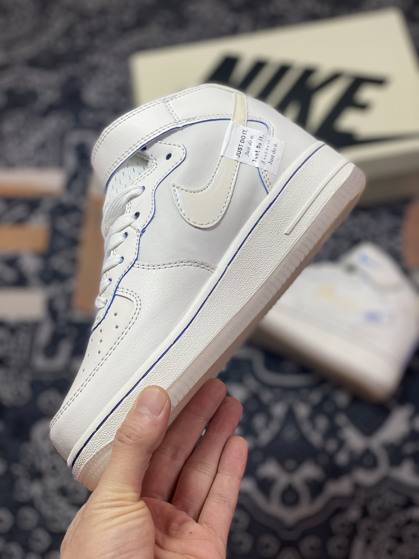 Nike Air Force 1 '07 Mid ”Sail White/Blue Mini Swoosh” Air Force 1 sneakers ”Leather Beige Royal Blue Mini Swoosh” FB1869-055