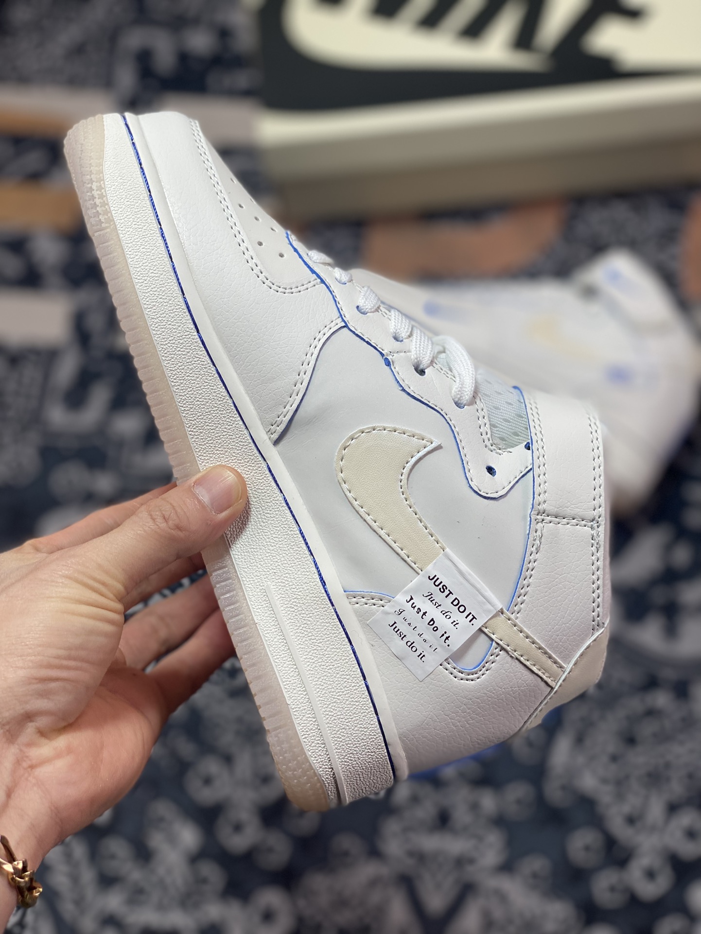 Nike Air Force 1 '07 Mid ”Sail White/Blue Mini Swoosh” Air Force 1 sneakers ”Leather Beige Royal Blue Mini Swoosh” FB1869-055