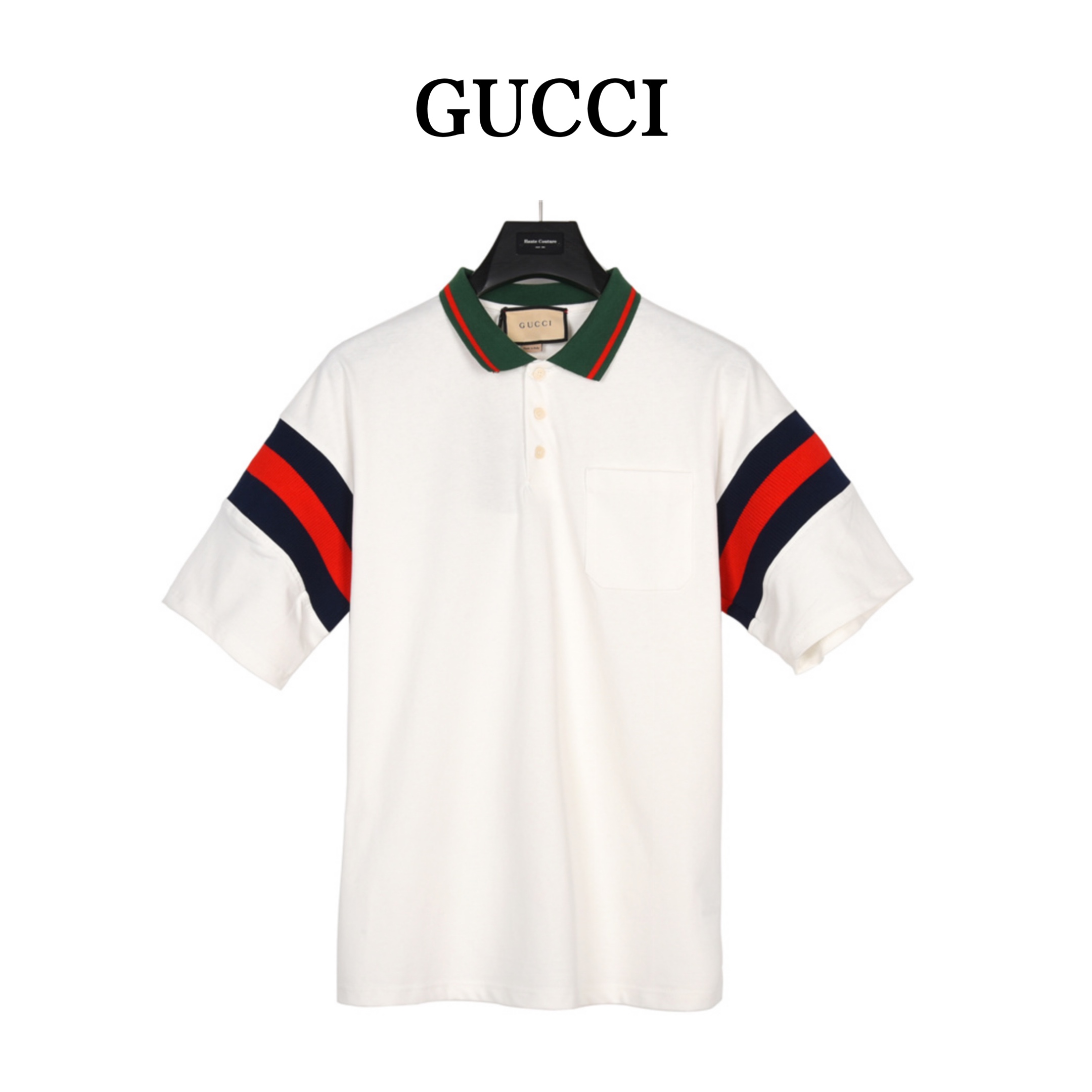 Gucci/古驰 23ss 袖子红绿条螺纹织带拼色polo衫