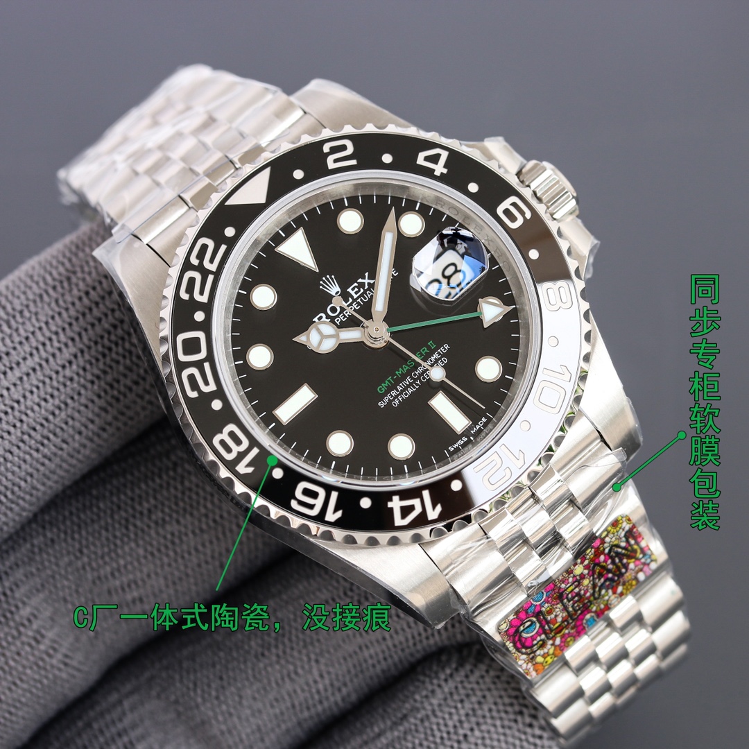 NO:765782,Flat price CLEAN Greenwich GMT3186 all-in-one machine, reversible calendar. You are not the best, but having you is better than anything else. New Rolex product, must be a high-quality product. The most launched three codes in one, customized high-end style, comes with NFC proximity card, there are pictures and the truth, you can watch the video, clean factory c factory  Comparison of the font details of the 126710 Greenwich ceramic ring. The triangle part at 12 o'clock, the top corner, the bottom corner, and the sharp corners are all rounded. They are consistent with the original.  For the font part, the depth is only one aspect. The original process is that the bottom surface of the font is 90 degrees perpendicular to the straight body of the font. To achieve this effect, the mold can only be molded in one piece. Laser typing will cause a series of problems such as beveled edges, rough shading, and chipping. The depth of the font is consistent with the original, sinking 0.13mm. In addition, the edges of the font are rounded.  Grinding treatment. The electroplating color has also been digitally adjusted. Most of the colors on the market are pure gold, and the genuine ones are slightly reddish. In terms of look and feel, it will be much more comfortable. The appearance of the watch case is all made of 904L shell body, which perfectly restores the entire GMT shell shape and corrects the GMT turning feel. The crown head part also shows the embossed crown effect.  The bottom cover part is also consistent with the original version, polished, brushed, and brushed at the bottom of the case. The fit between the bottom cover and the case is almost the same. The gap between the crown and the case can be compared by yourself. In the inner shadow part, the tail of the letter 'R' has been corrected for the entire series, making it slightly convex. If you really want to be picky, it is the inner shadow part. The shading is not as delicate as the original version, limited by domestic laser technology and equipment. This time, the C factory launched gmt  Because the first original model of 126710 was completely damaged after opening the mold, I temporarily purchased another one. There will be slight differences in the details. However, during the comparison process, the comparison will still be done in the form of pictures and texts, and will not avoid the important. Although there will be differences in the details of the authentic version, the overall craftsmanship will not be too biased. Each model in the future will be presented to friends in this way of true and false comparison. Some will be changed, and some will be modified.  Jia Mian. Because of the version difference, the calendar font will be different. I hope you understand this. In addition to the production of ceramic rings, Factory C is also a top priority in dial font printing and calendar. Because of the limit of the number of pages, I will not go into details one by one. 'Look for the unique code of Factory C 736D3594, button code Y8C, soft film packaging, quality assurance, please look for the exclusive quality of Factory C, rolex, gold19860909统一价 CLEAN 格林尼治GMT3186一体机,可倒调日历你不是最好的,但是有你却比什么都好,劳力士新品,必属精品,最推出三码合一,定制高端款式,附带NFC感应卡,有图有真相,可观看视频、clean厂 c厂 126710格林尼治陶瓷圈字体细节对比,12点位三角部分,顶角,以及底角部分,尖角位置全部做圆角处理.与原装达到一致. 字体部分,深浅只是一方面,原装工艺为,字体底面全部垂直90度于字体的直身,做到这种效果,只能模具一体成型,激光打字会出现斜边,以及底纹粗糙,崩边等一系列问题.字体深度与原装一致,下沉0.13mm.另外字体边缘圆角打磨处理.电镀颜色也是经过数字调试,市面上大多为,纯黄金色,真品的略微带一些红色.观感上来说,会舒服许多.表壳外观,全部采用904L壳身,完美还原gmt整个壳形,修正gmt转圈手感.皇冠把头部分也展现出,浮雕皇冠效果 底盖部分,也和原版一致,抛光,拉丝,以及表壳底部拉丝.底盖与表壳的契合程度,几乎一致.把头与表壳缝隙可以自行对比.内影部分,全系列全部修正字母“R”的尾巴,微微凸起.如果真的要吹毛求疵,那就是内影部分,底纹没有原版细腻,受限于,国内激光技术以及设备.本次C厂推出的是gmt 126710因为第一支原版开模,已经完全损坏,所以临时又购买一只,细节上会有些许差异.但是在对比的过程中,还是会以图文的方式进行对比,不会避重就轻,虽然真品版本细节上会有差异,但是整体工艺不会有太大偏差,未来的每一款,都会以这种的真假对比的方式呈现给表友,有则改之,无则加勉.因为版本差异,但是日历字体会有差异,这个希望理解,c厂除了对于陶瓷圈口制作在行,在表盘字体印刷,以及日历,也是重中之重.因为页面数量的限制,就不一一赘述.」认准C厂独特编码736D3594,扣子编码Y8C,软膜包装,品质保证请认准C厂独家品质,,rolex,gold,Watch