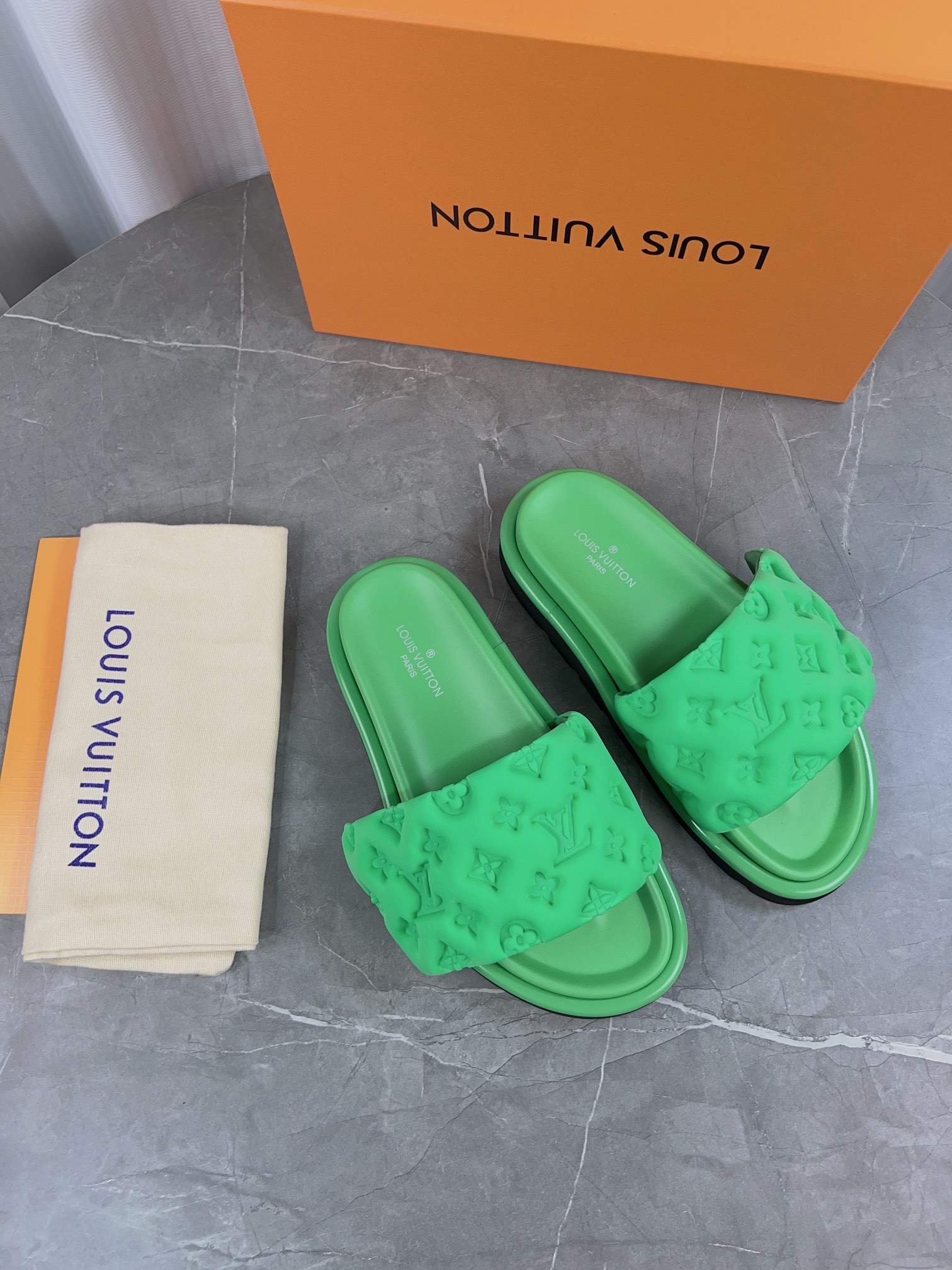 Louis Vuitton Pool Pillow Comfort Flat Sandal Monogram Embossed Green