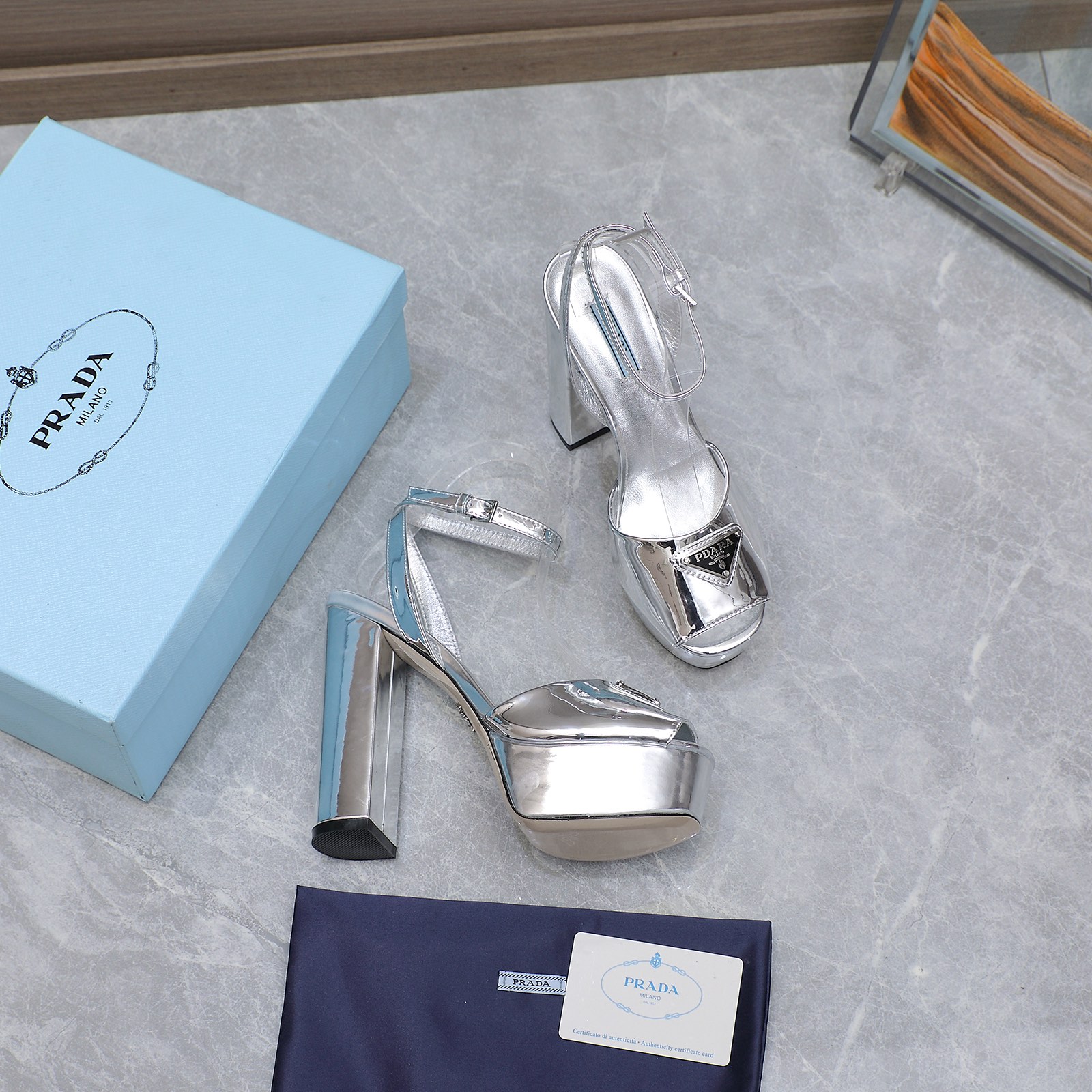 Prada Platform Heeled Sandals in Silver Leather with Ankle Strap 9 i1679059761 5761 7