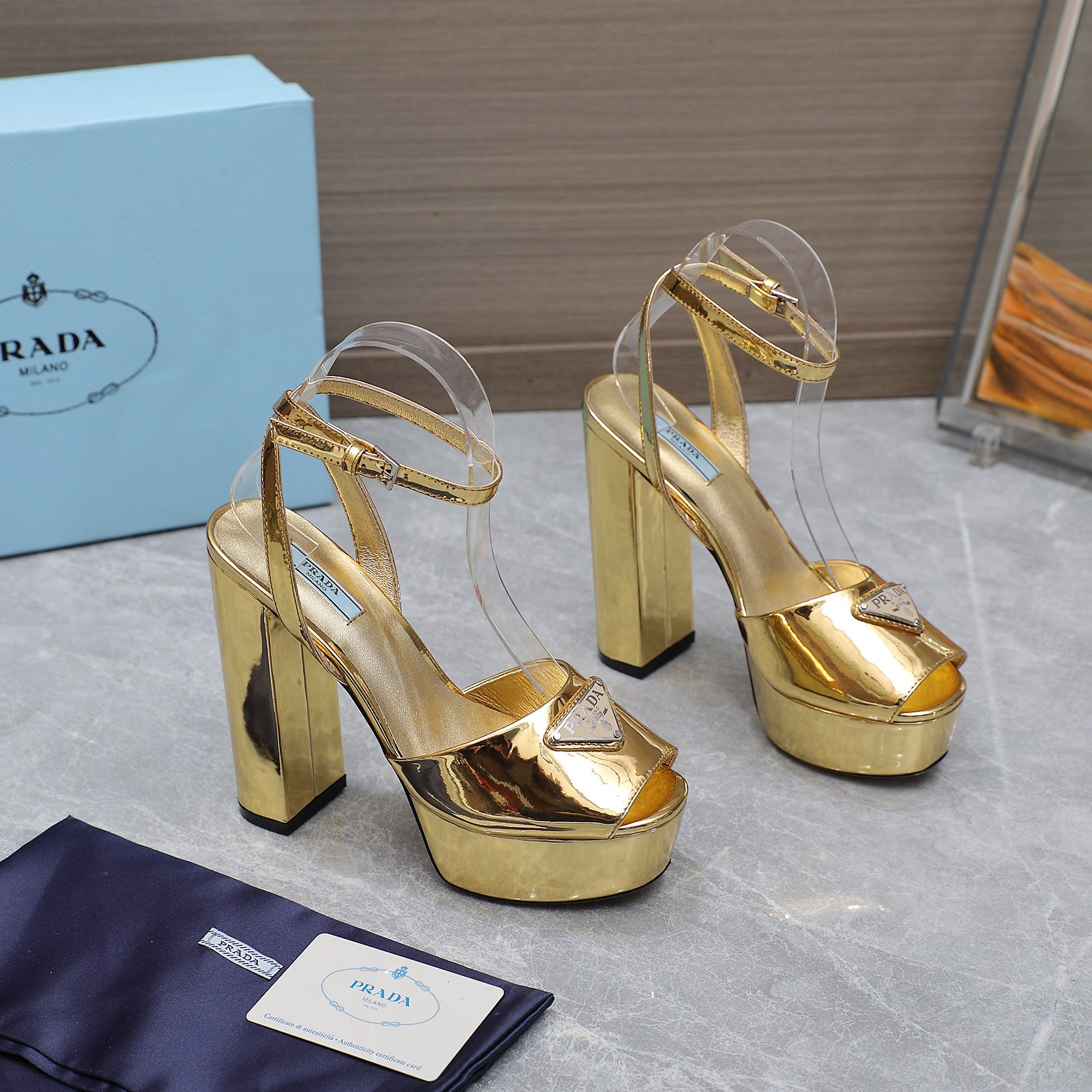 Prada Gold Platform Sandals Silk Upper Leather Lining Block Heel Women Shoes 7 i1679059845 3326 2