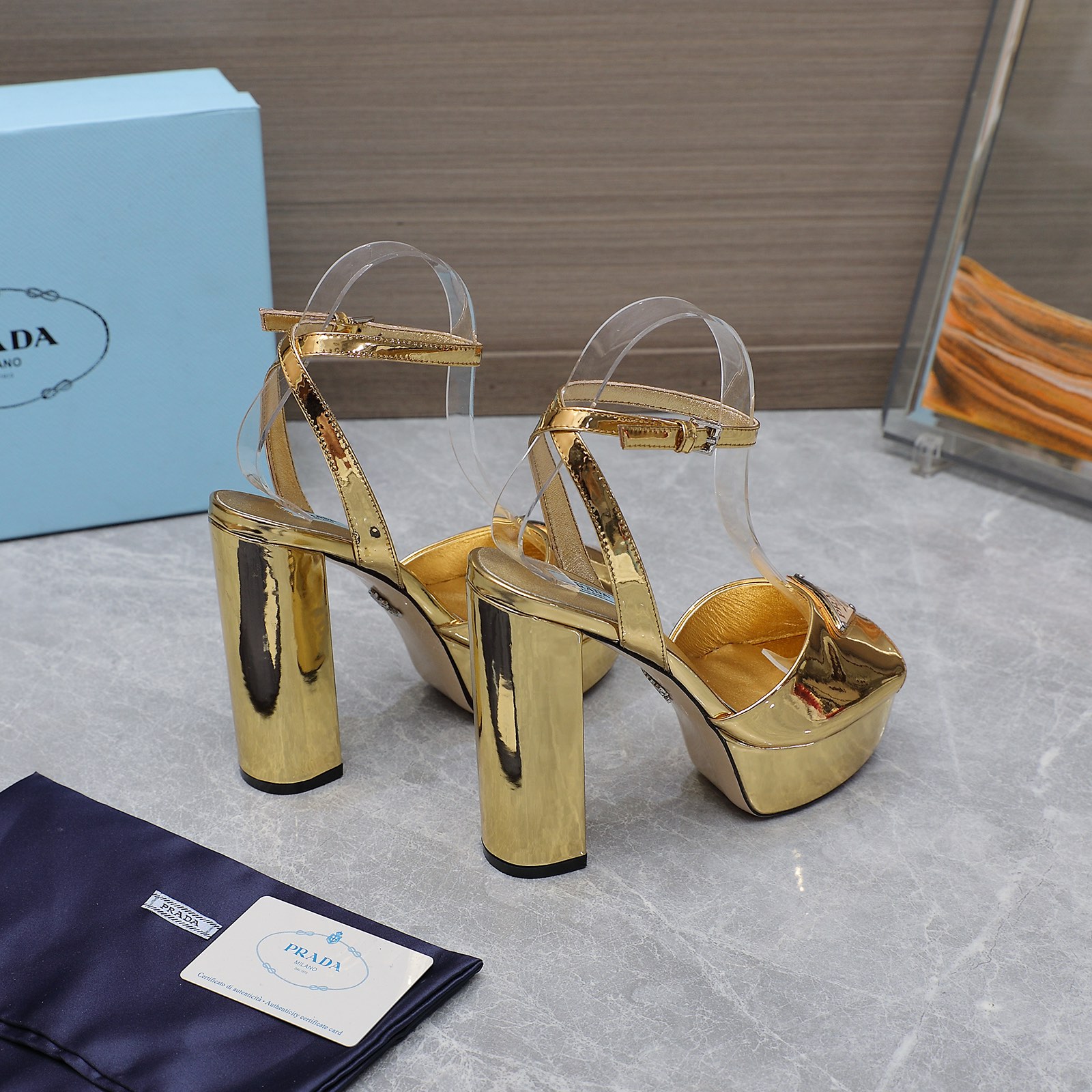 Prada Gold Platform Sandals Silk Upper Leather Lining Block Heel Women Shoes 8 i1679059845 4083 4