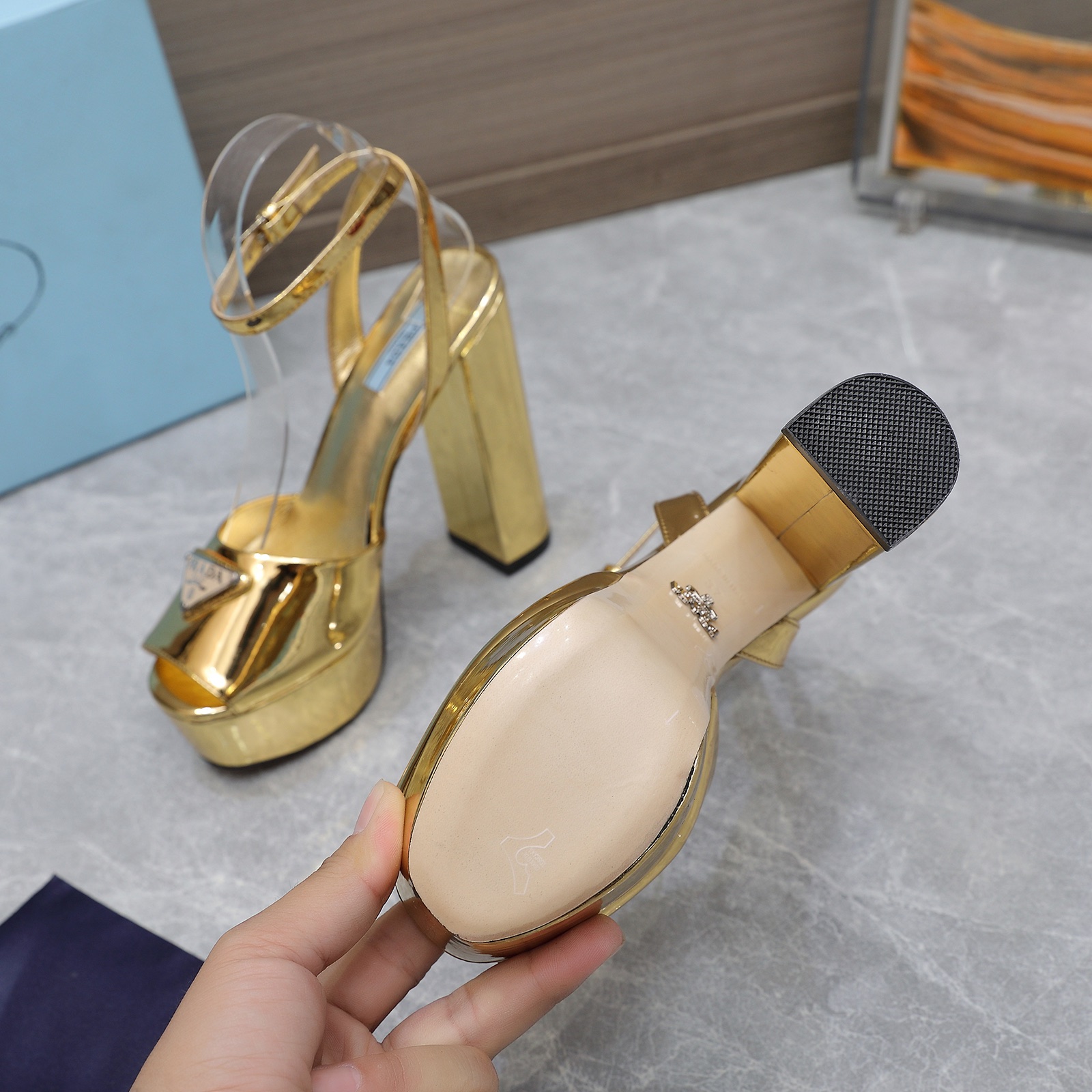 Prada Gold Platform Sandals Silk Upper Leather Lining Block Heel Women Shoes 9 i1679059845 4608 7