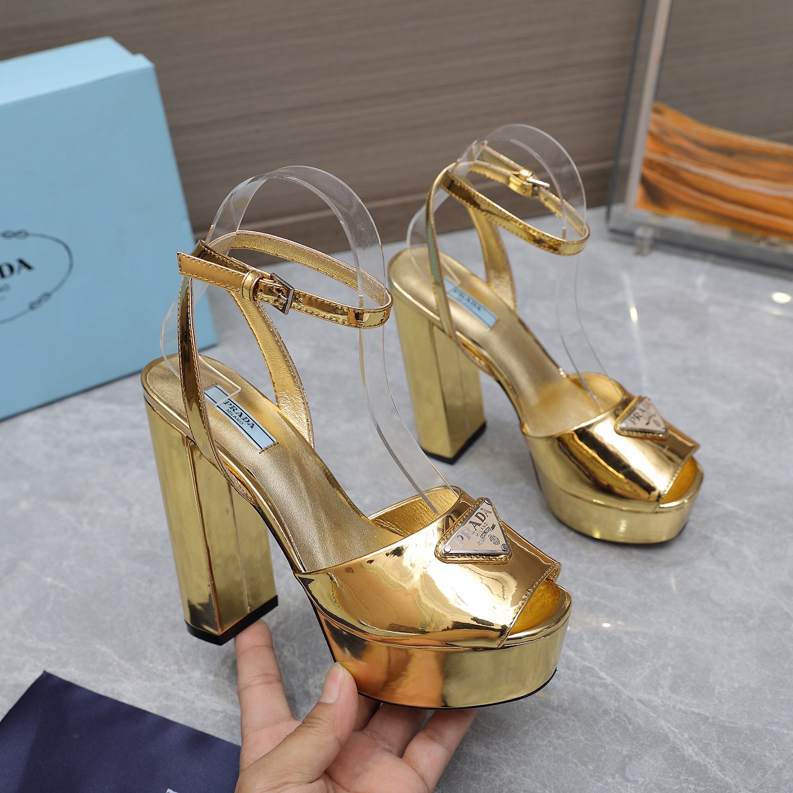 Prada Gold Platform Sandals Silk Upper Leather Lining Block Heel Women Shoes 1 Prada Gold Platform Sandals Silk Upper Leather Lining Block Heel Women Shoes