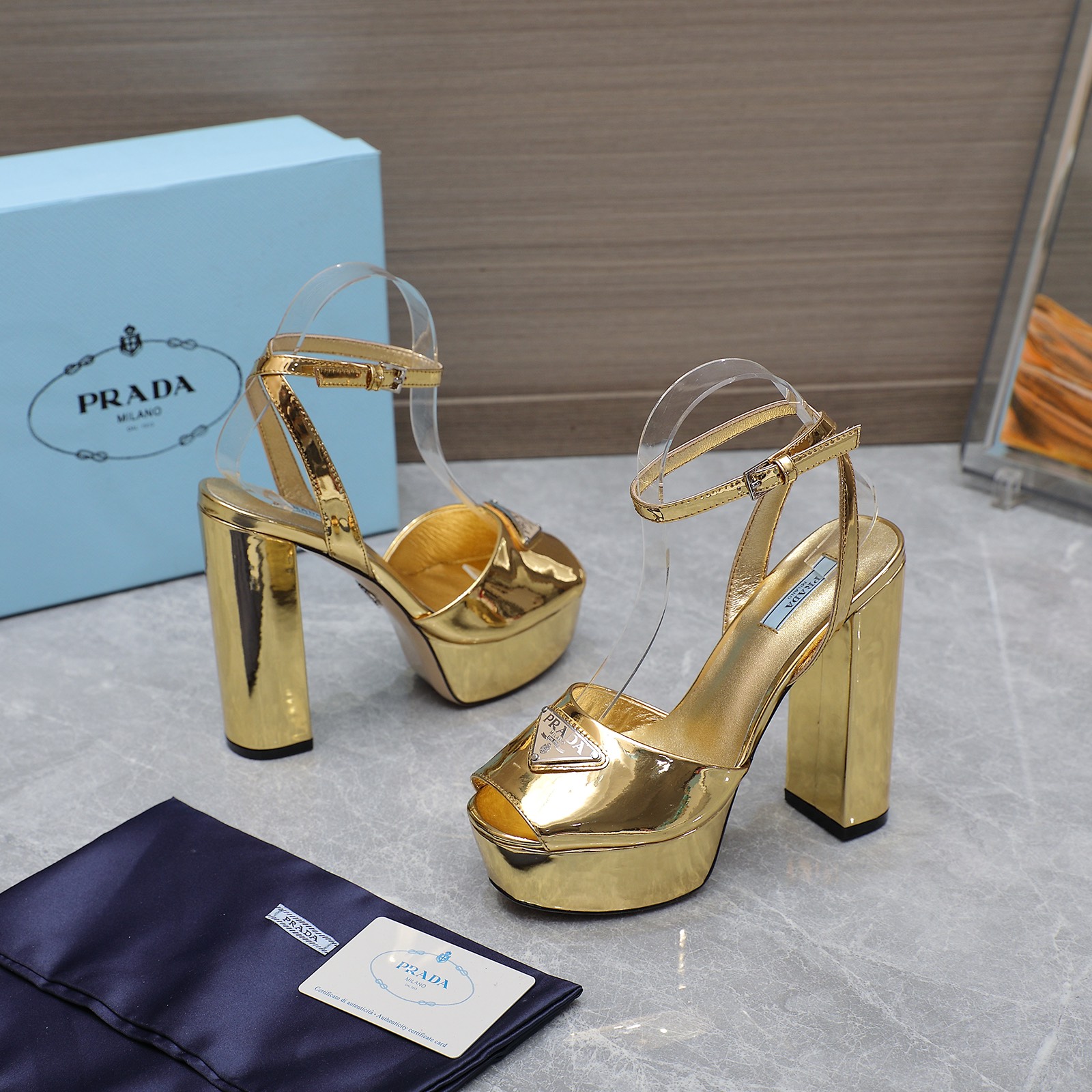 Prada Gold Platform Sandals Silk Upper Leather Lining Block Heel Women Shoes 5 i1679059845 7215 3