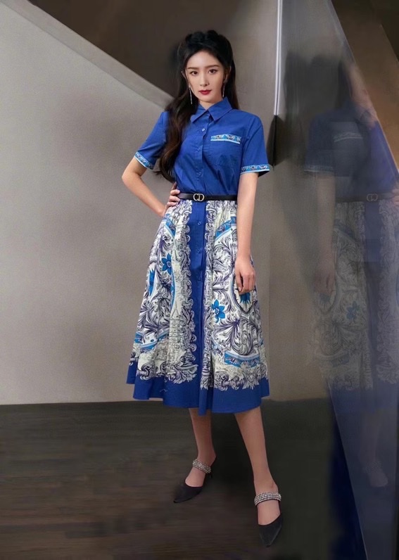 Dior Clothing Dresses Top 1:1 Replica
 Black Blue Printing Silk Summer Collection Fashion