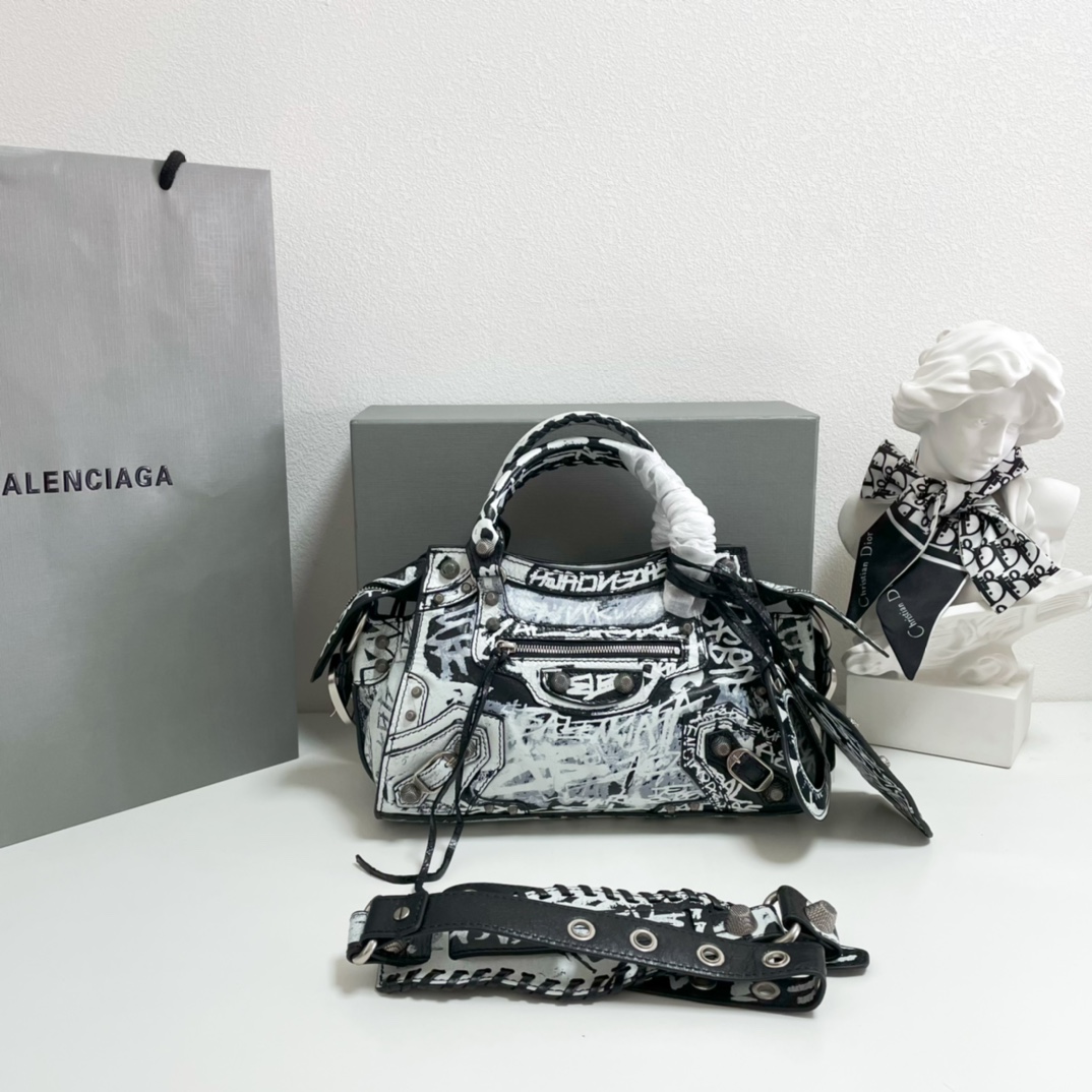Buy
 Balenciaga Crossbody & Shoulder Bags Black Doodle Printing Sheepskin Weave Vintage Motorcycle
