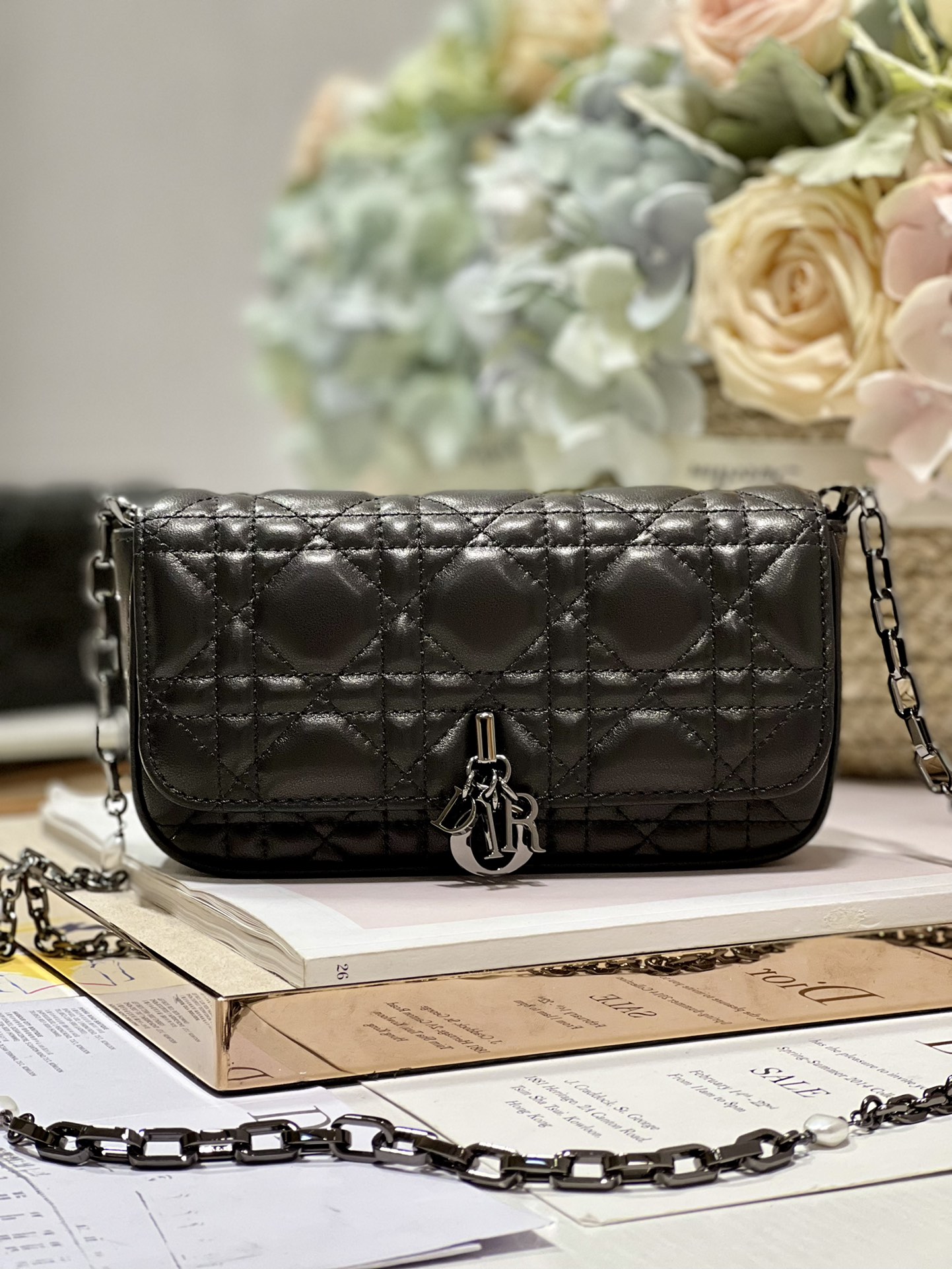 Lady Dior Phone Pouch Black Lambskin Cannage Chain