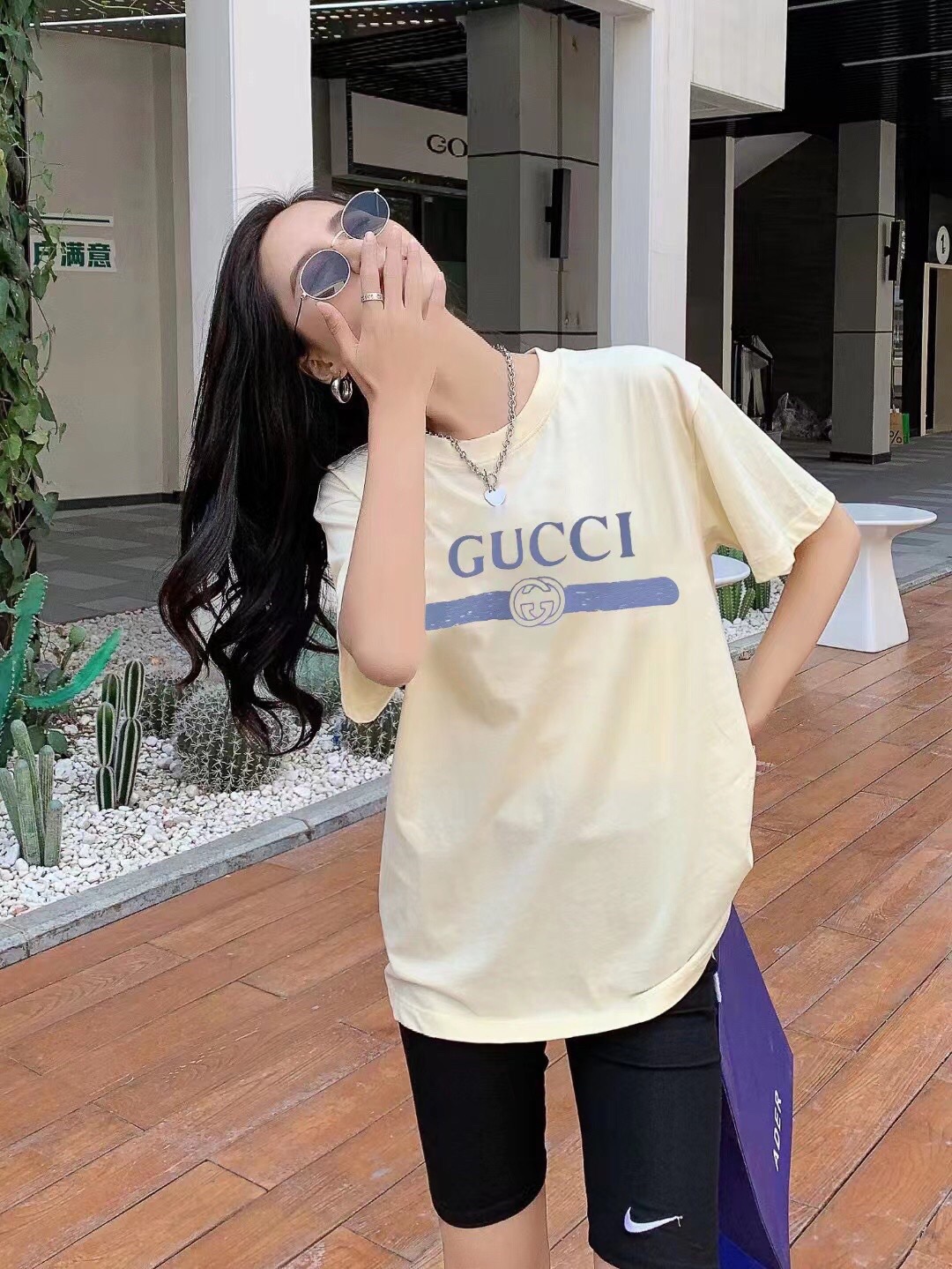 Gucci Odzież T-Shirt Niebieski Drukowanie Krótki rękaw