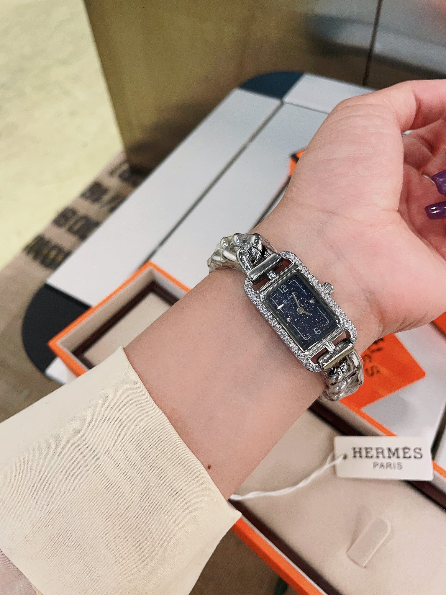 Hermes Watch Blue White Set With Diamonds Women Spring Collection Quartz Movement