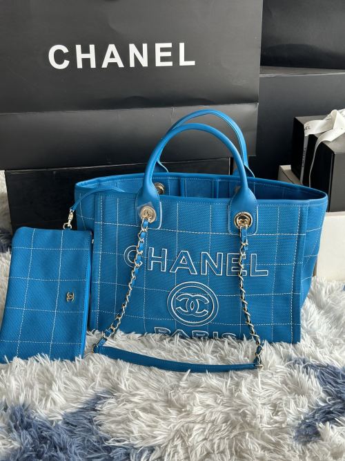Chanel 2023 New Denim Canvas Beach Tote Bag with Calfskin Handles 1 Chanel 2023 New Denim Canvas Beach Tote Bag with Calfskin Handles